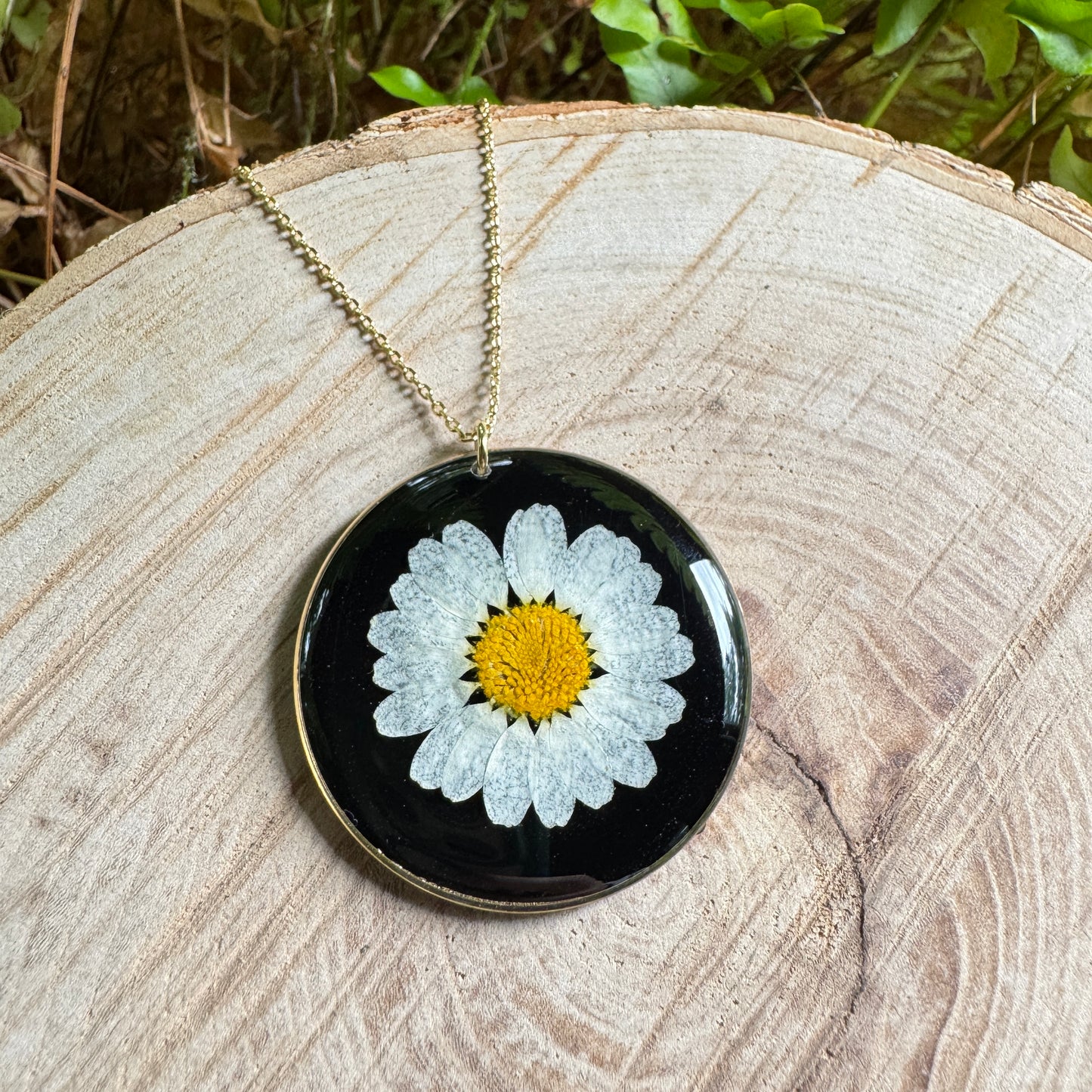 Daisy flower necklace in resin with gold filled bezel and 18-inch chain