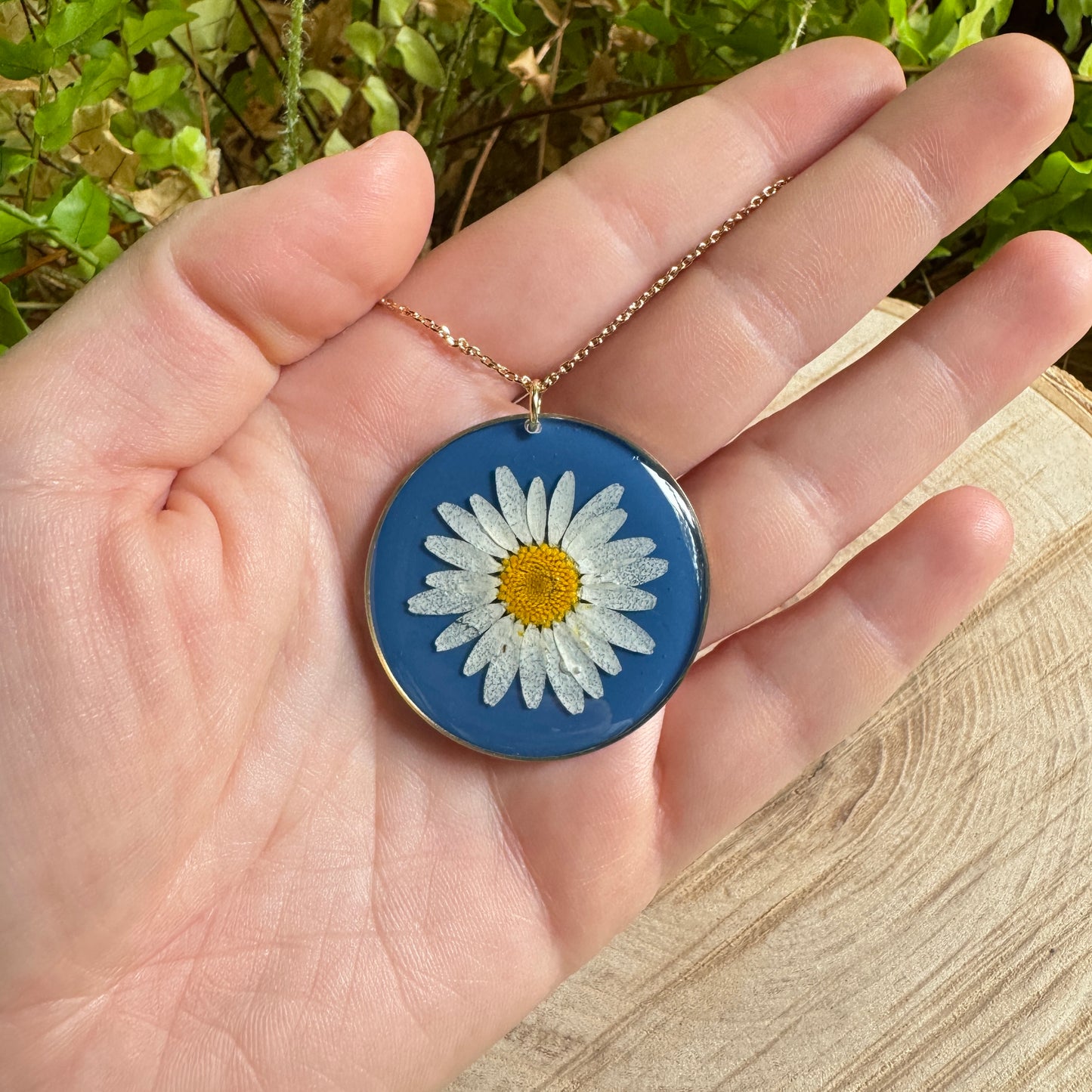 Daisy flower necklace in resin with gold filled bezel and 18-inch chain
