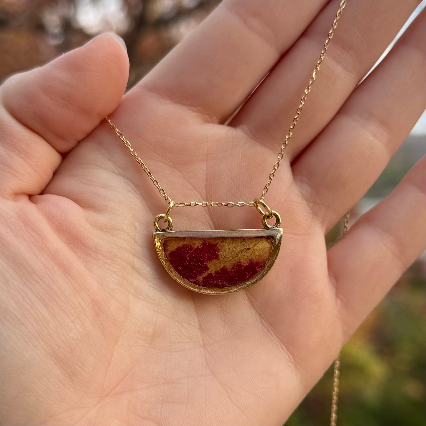 Necklace with real fall leaf preserved in resin and framed in gold filled bezel