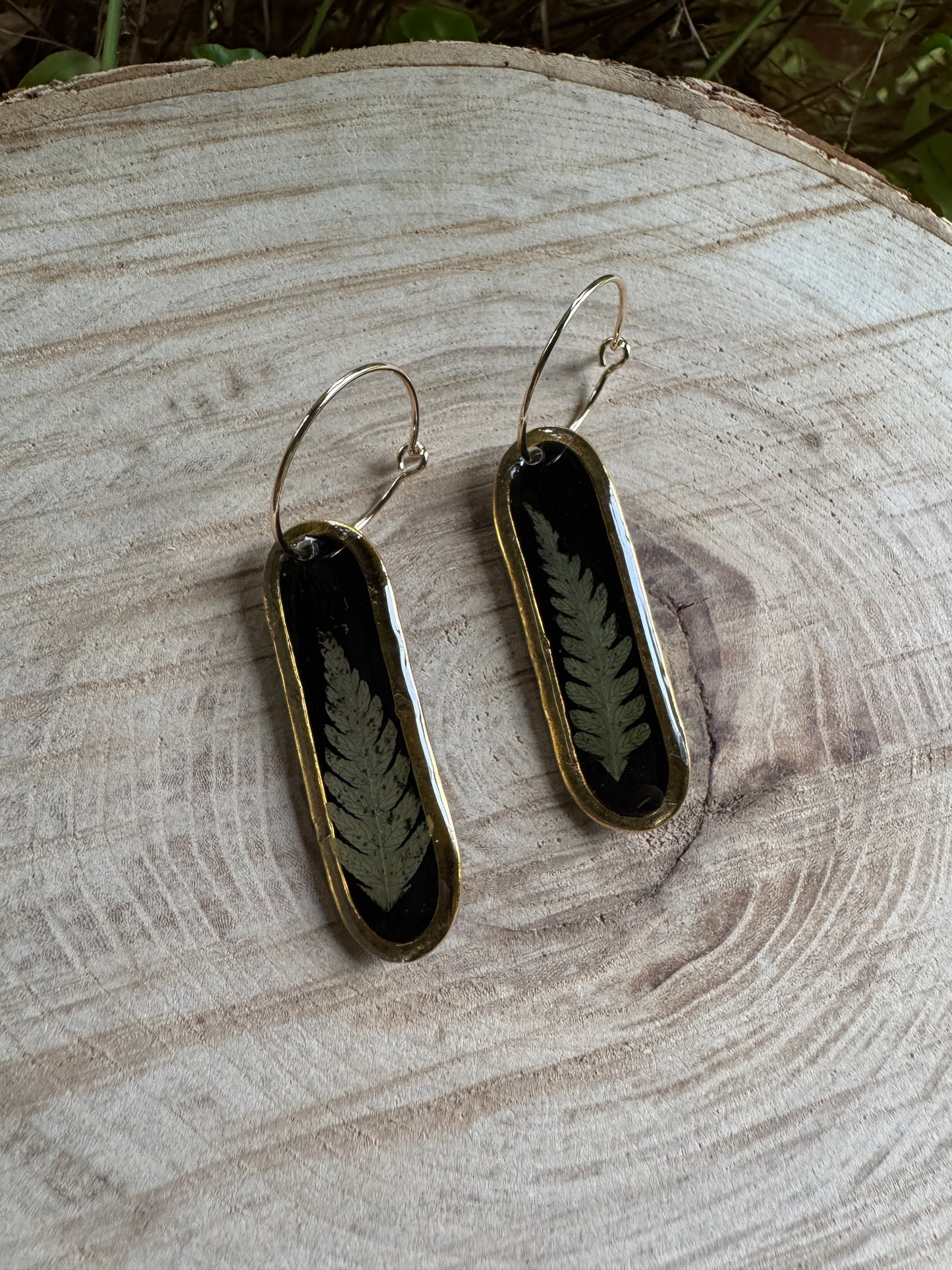 Handmade fern earrings with real pressed fronds in resin and gold filled bezel