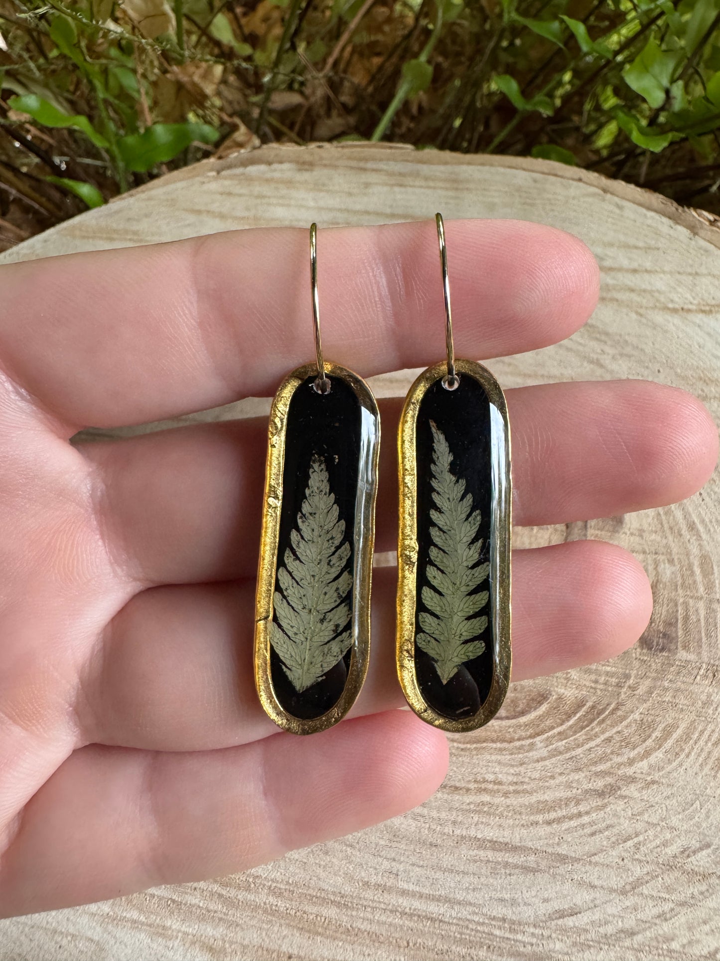 Handmade fern earrings with real pressed fronds in resin and gold filled bezel
