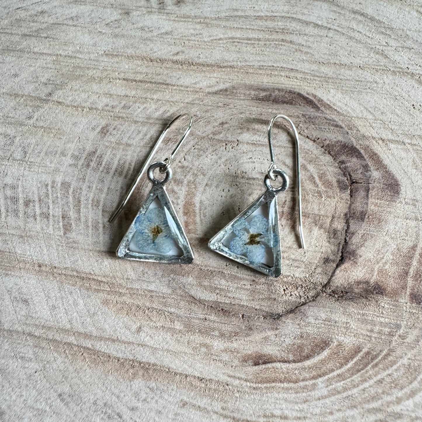 Earrings with real forget-me-not flowers preserved in resin and set in silver bezels