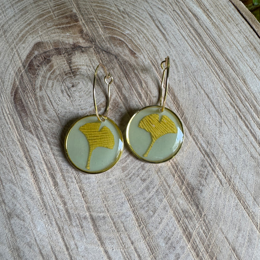 Real ginkgo leaf earrings preserved in resin with gold bezel setting