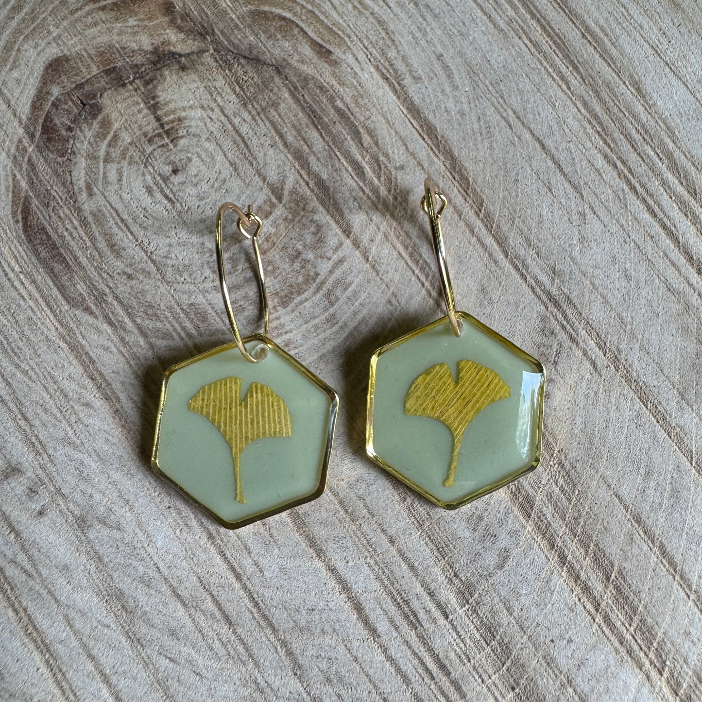 Real ginkgo leaf earrings preserved in resin with gold bezel setting
