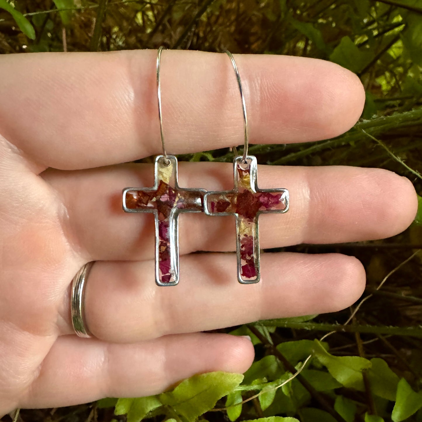 Rose Petal Cross Earrings | Real Flower Resin Faith Jewelry