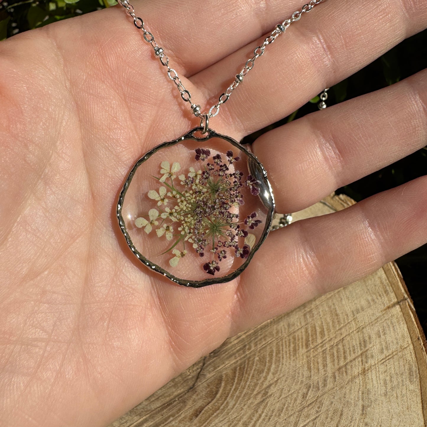 Purple + White Queen Anne’s Lace Necklace | Real Pressed Flower Jewelry