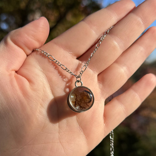 Silver pendant necklace with real moss and mushroom preserved in resin