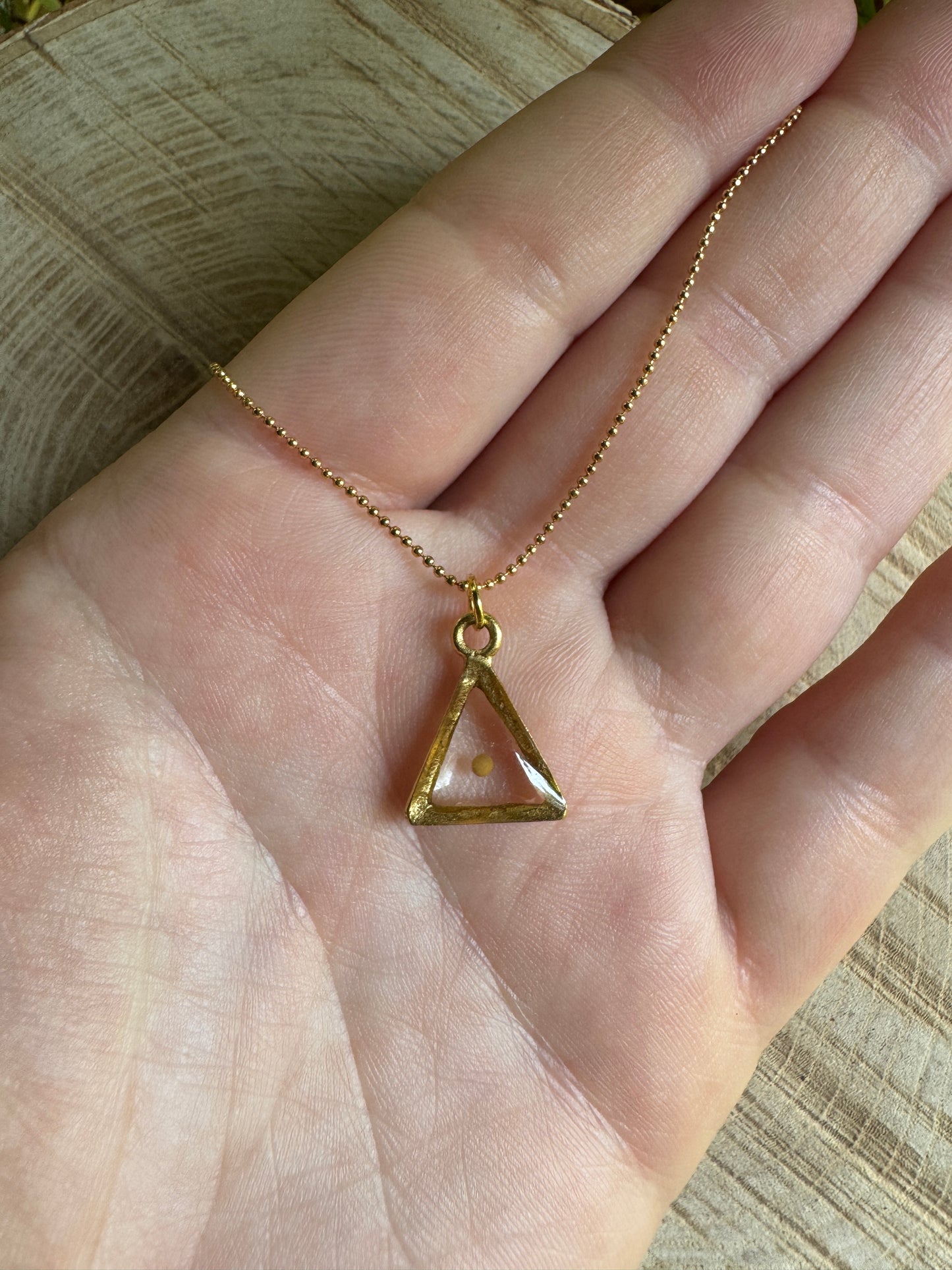Real mustard seed preserved in resin necklace with gold filled bezel