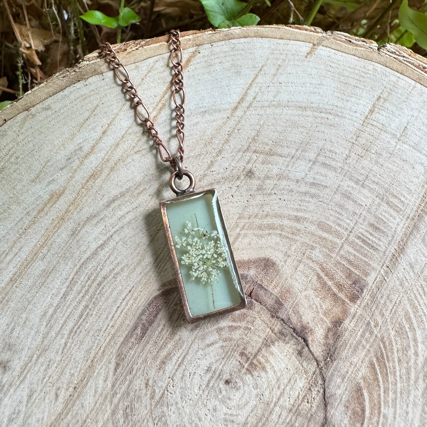 Queen Anne’s Lace necklace with real pressed flower in resin and copper bezel