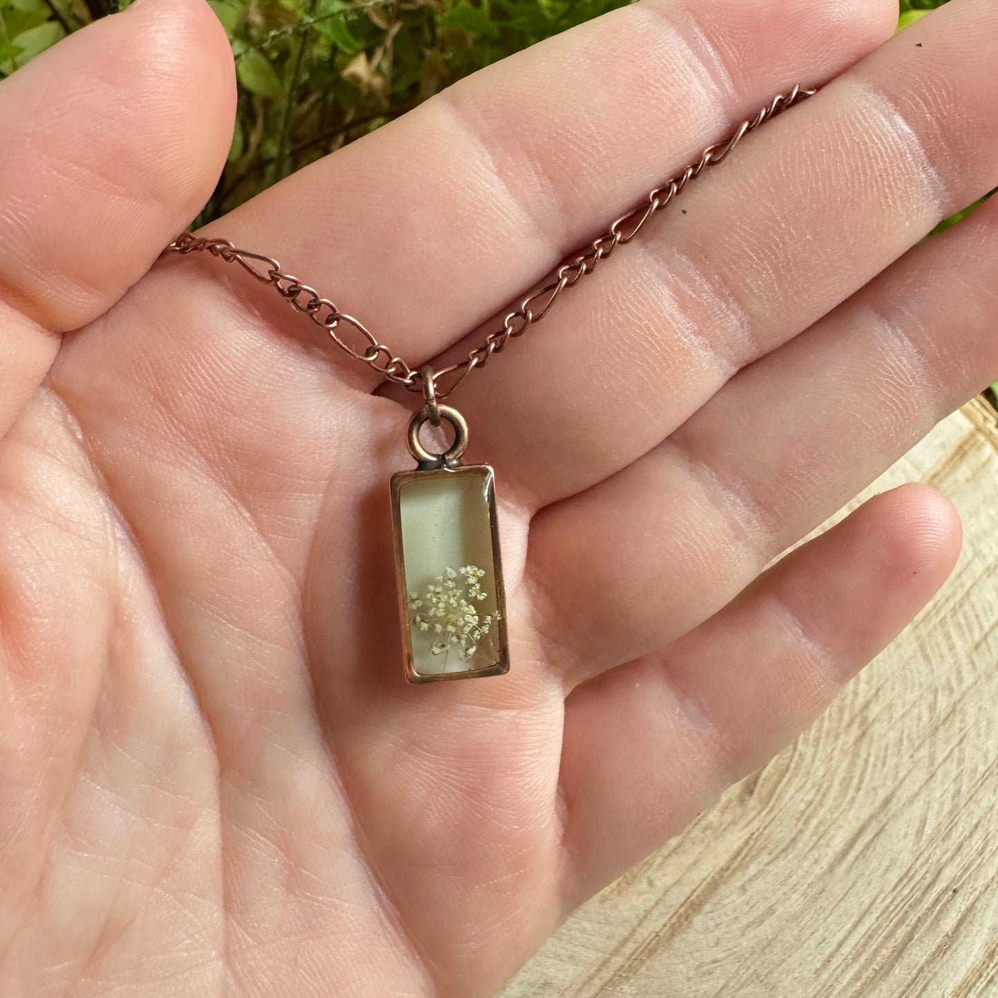 Queen Anne’s Lace necklace with real pressed flower in resin and copper bezel