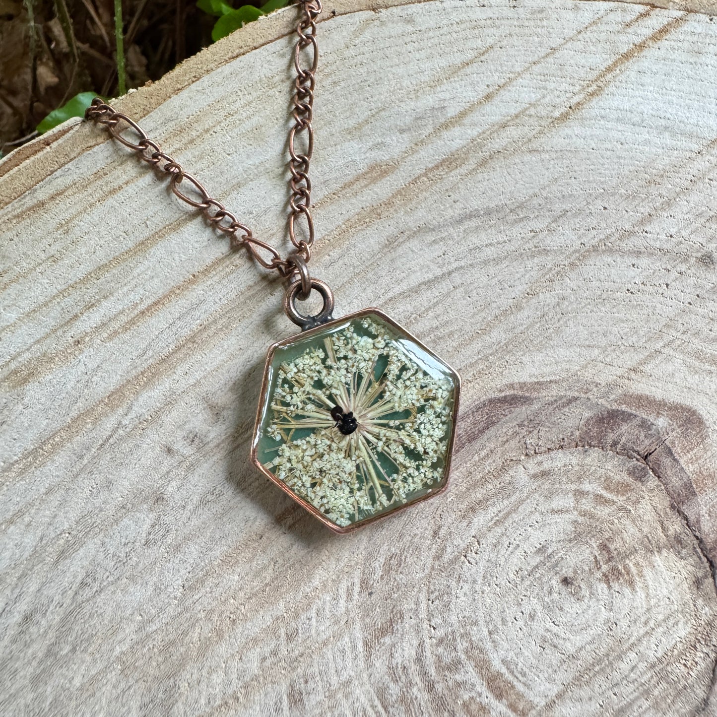 Queen Anne’s Lace necklace with real pressed flower in resin and copper bezel
