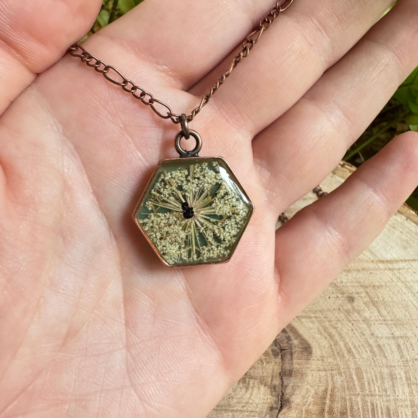 Queen Anne’s Lace necklace with real pressed flower in resin and copper bezel