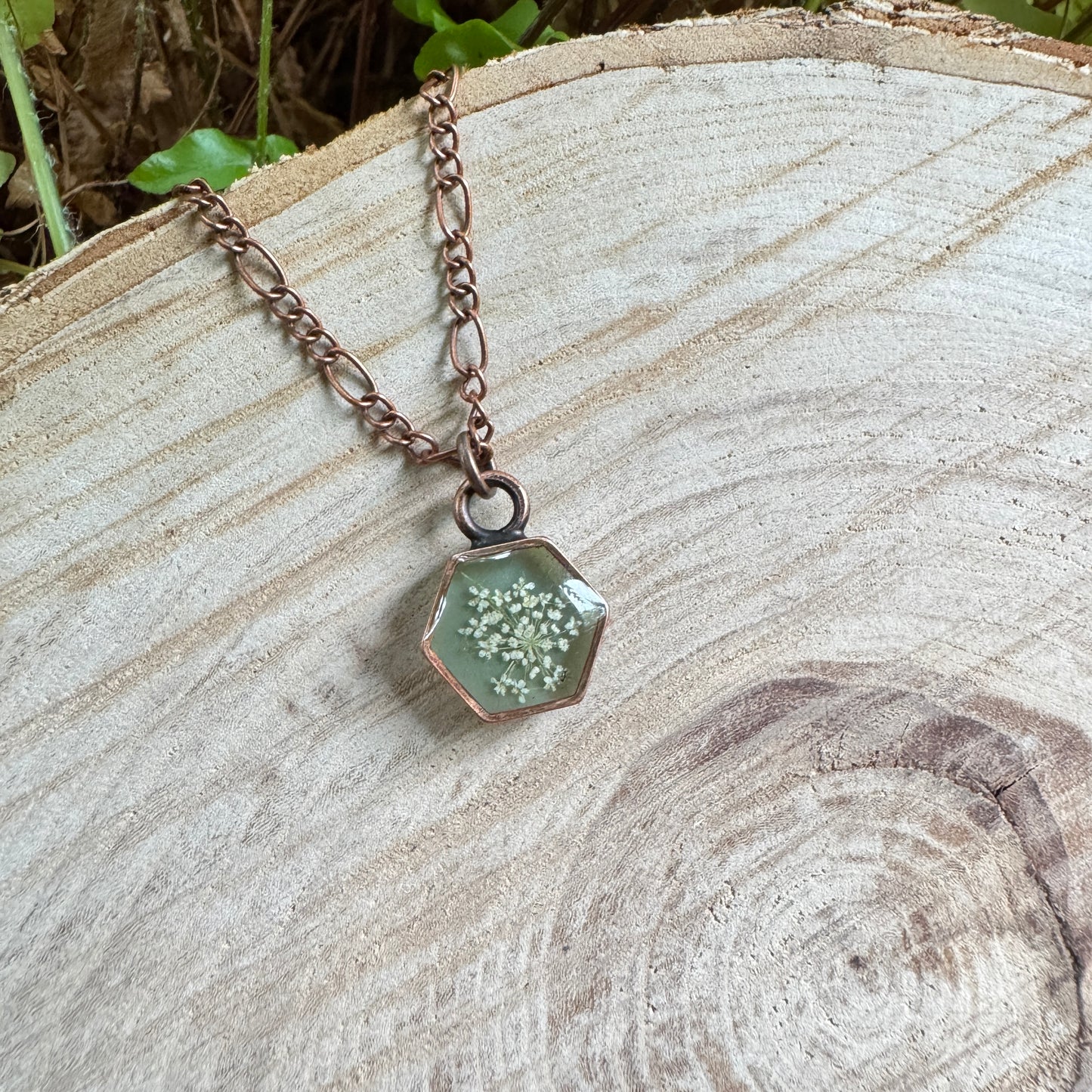 Queen Anne’s Lace necklace with real pressed flower in resin and copper bezel