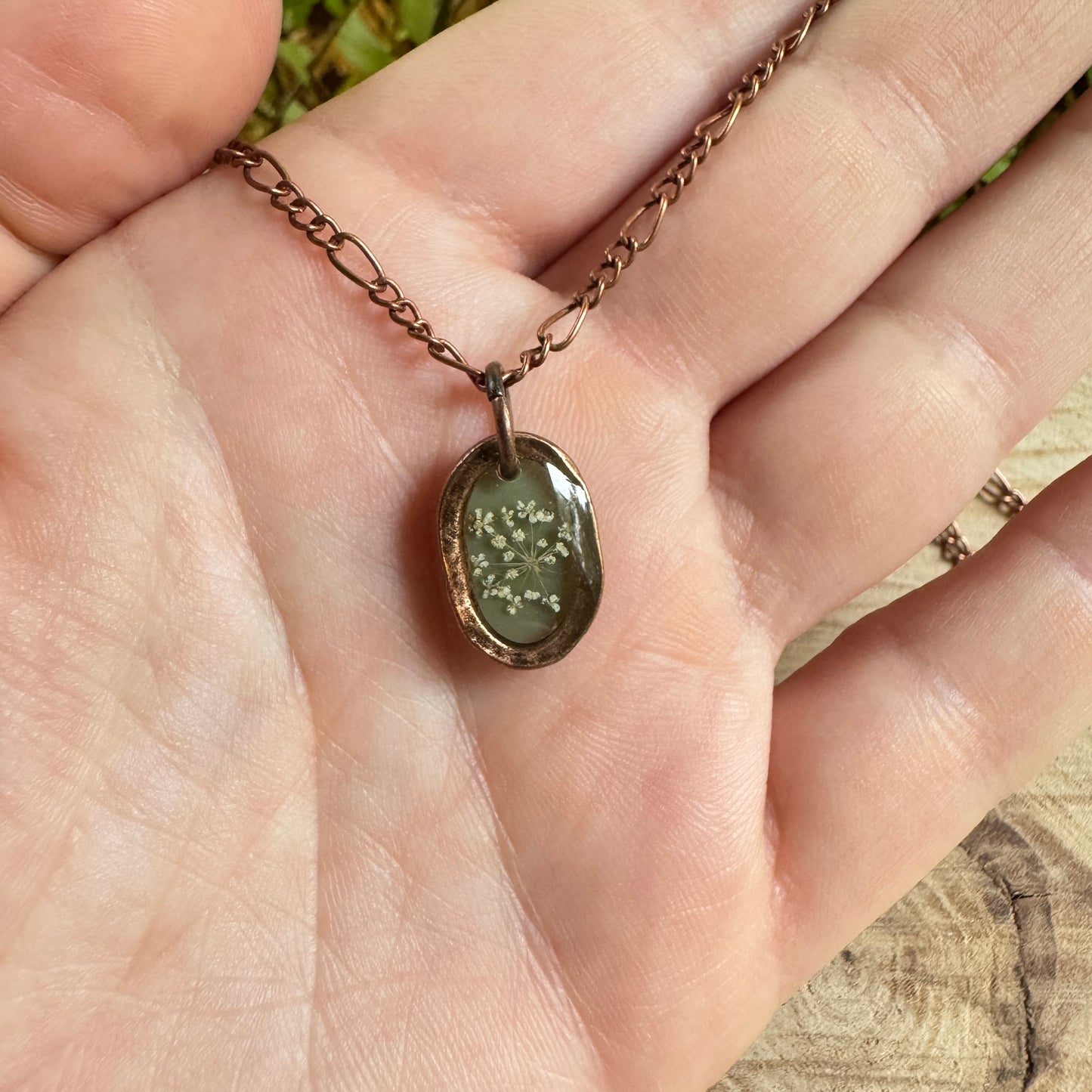 Queen Anne’s Lace necklace with real pressed flower in resin and copper bezel