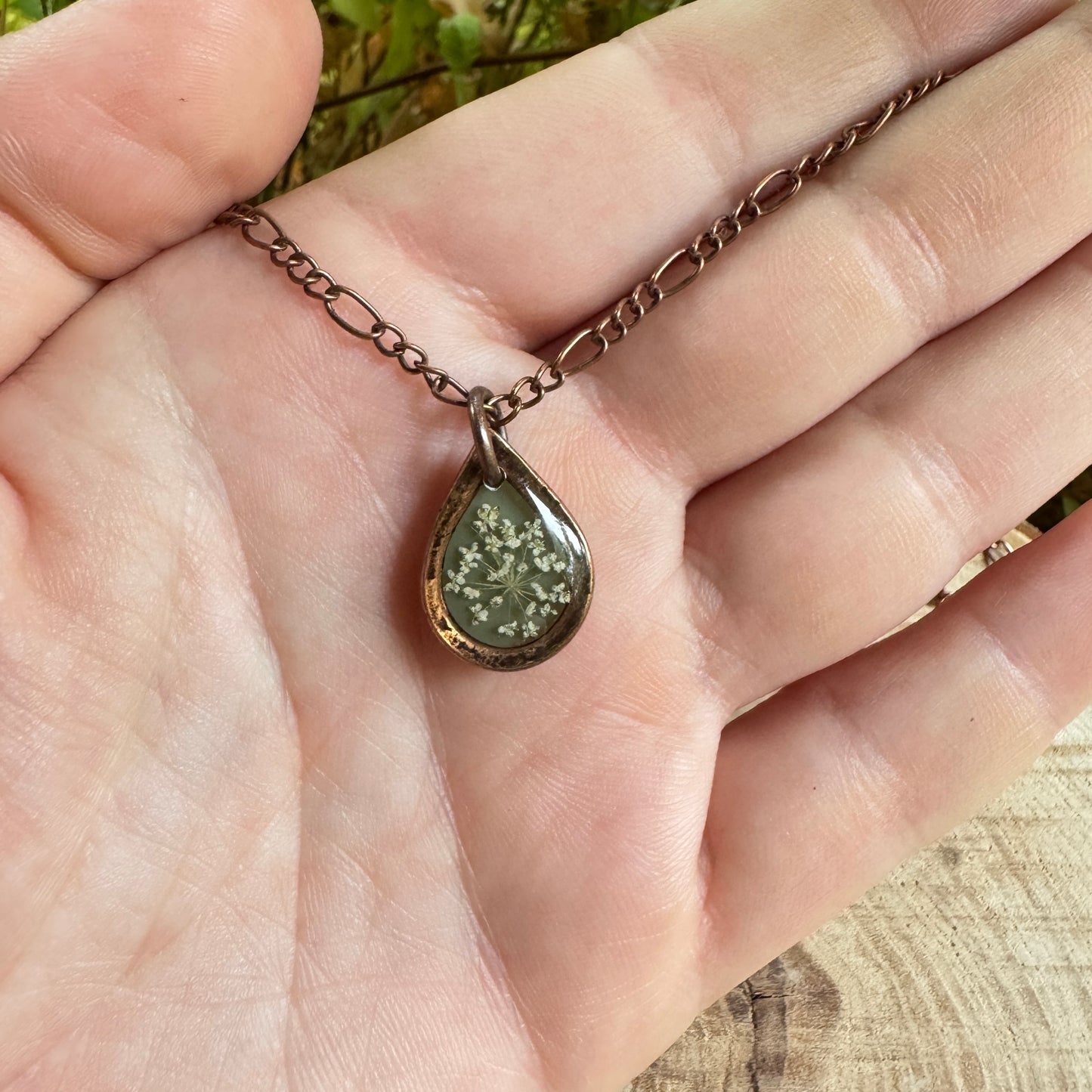 Queen Anne’s Lace necklace with real pressed flower in resin and copper bezel