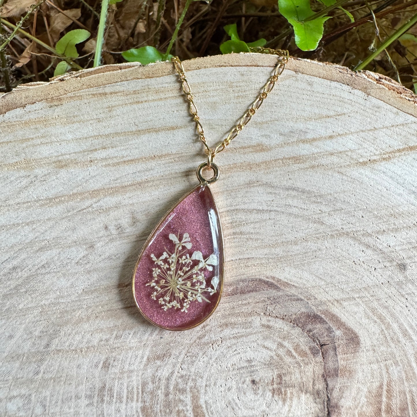 Queen Anne’s Lace necklace with real pressed flower in resin and gold filled bezel