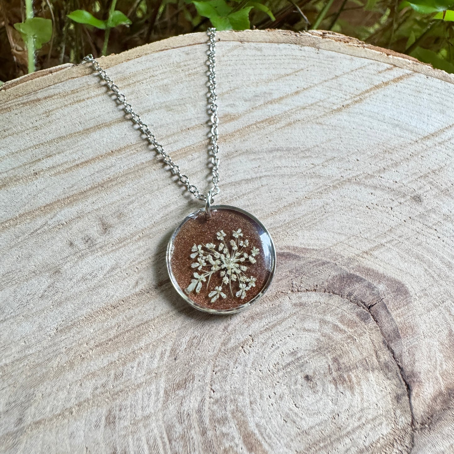 Queen Anne’s Lace necklace with real pressed flower in resin and silver bezel