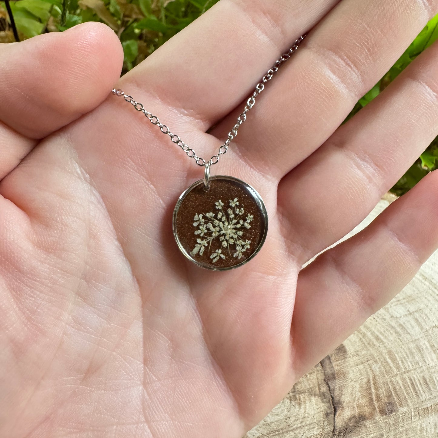 Queen Anne’s Lace necklace with real pressed flower in resin and silver bezel