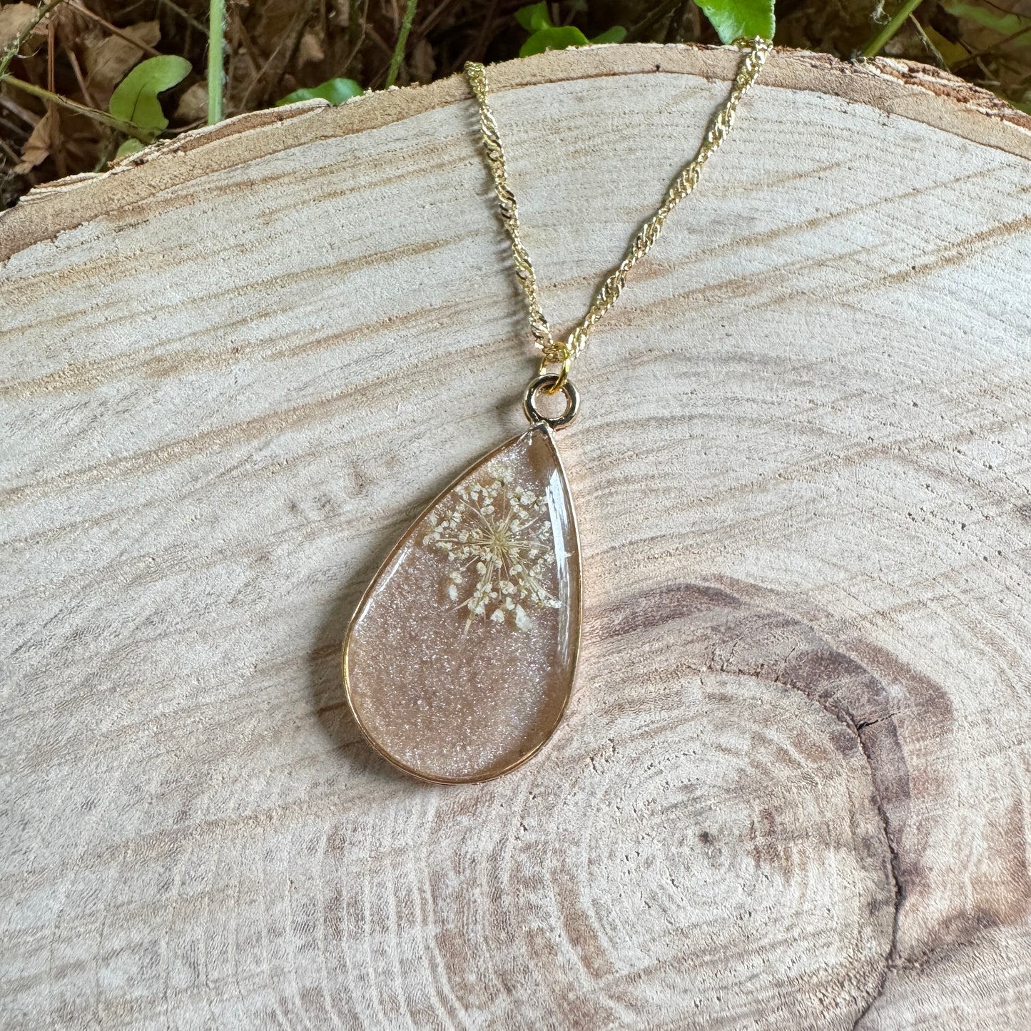 Queen Anne’s Lace necklace with real pressed flower in resin and gold filled bezel