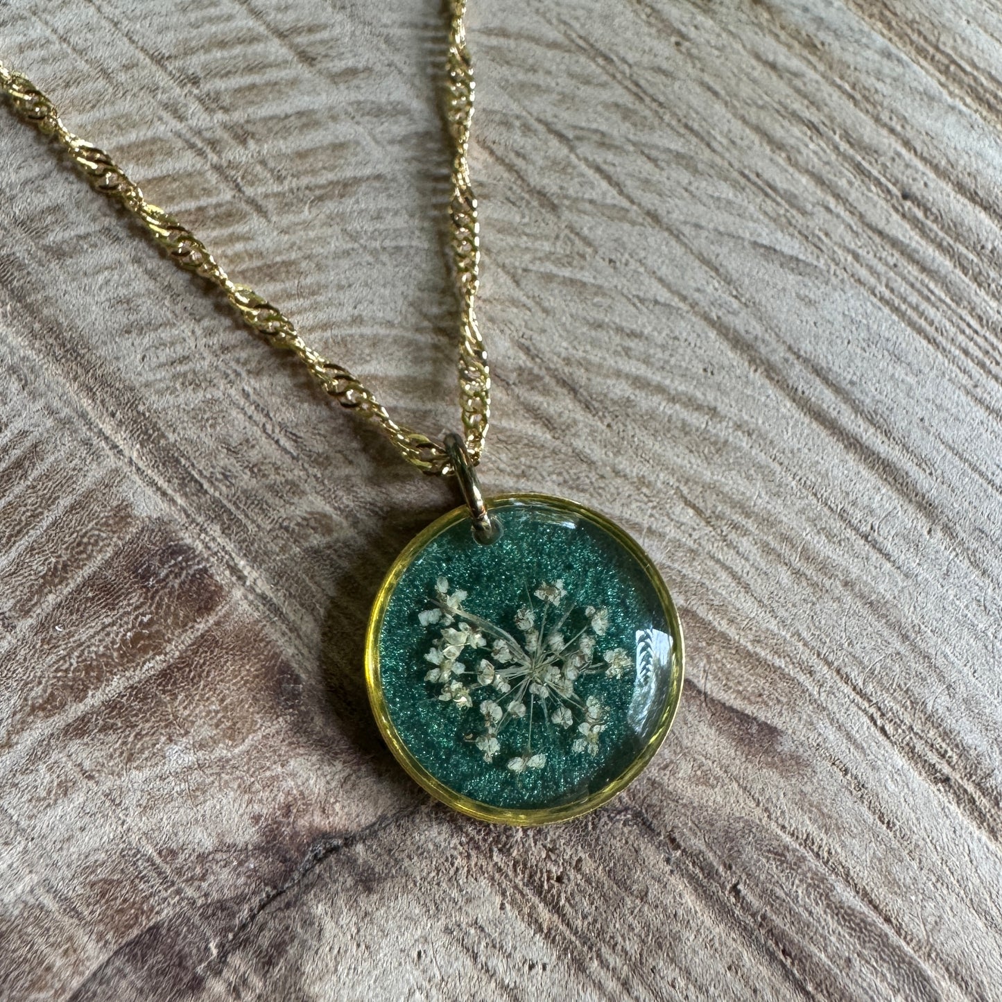 Queen Anne’s Lace necklace with real pressed flower in resin and gold filled bezel