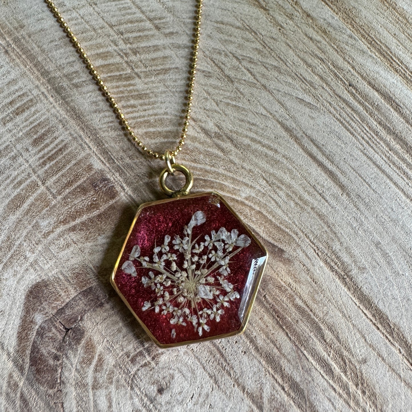Queen Anne’s Lace necklace with real pressed flower in resin and gold filled bezel