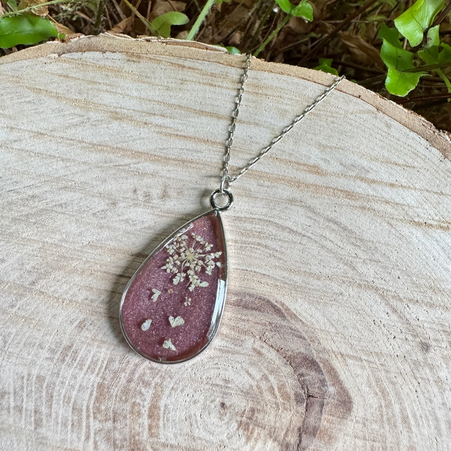 Queen Anne’s Lace necklace with real pressed flower in resin and silver bezel