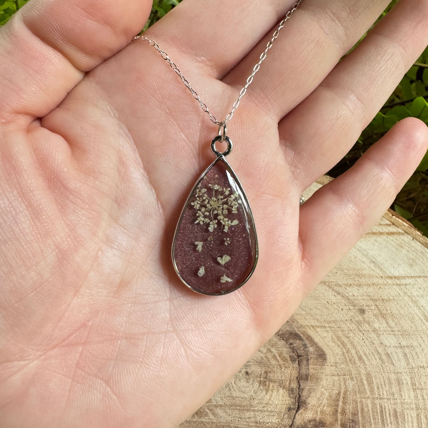 Queen Anne’s Lace necklace with real pressed flower in resin and silver bezel