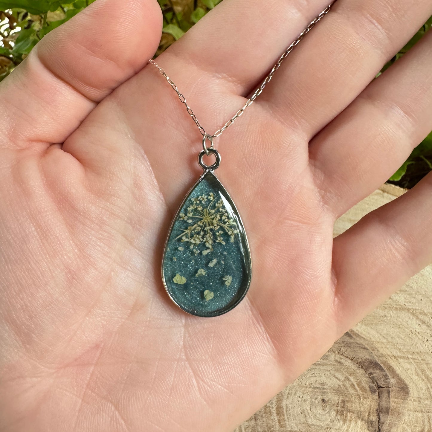 Queen Anne’s Lace necklace with real pressed flower in resin and silver bezel