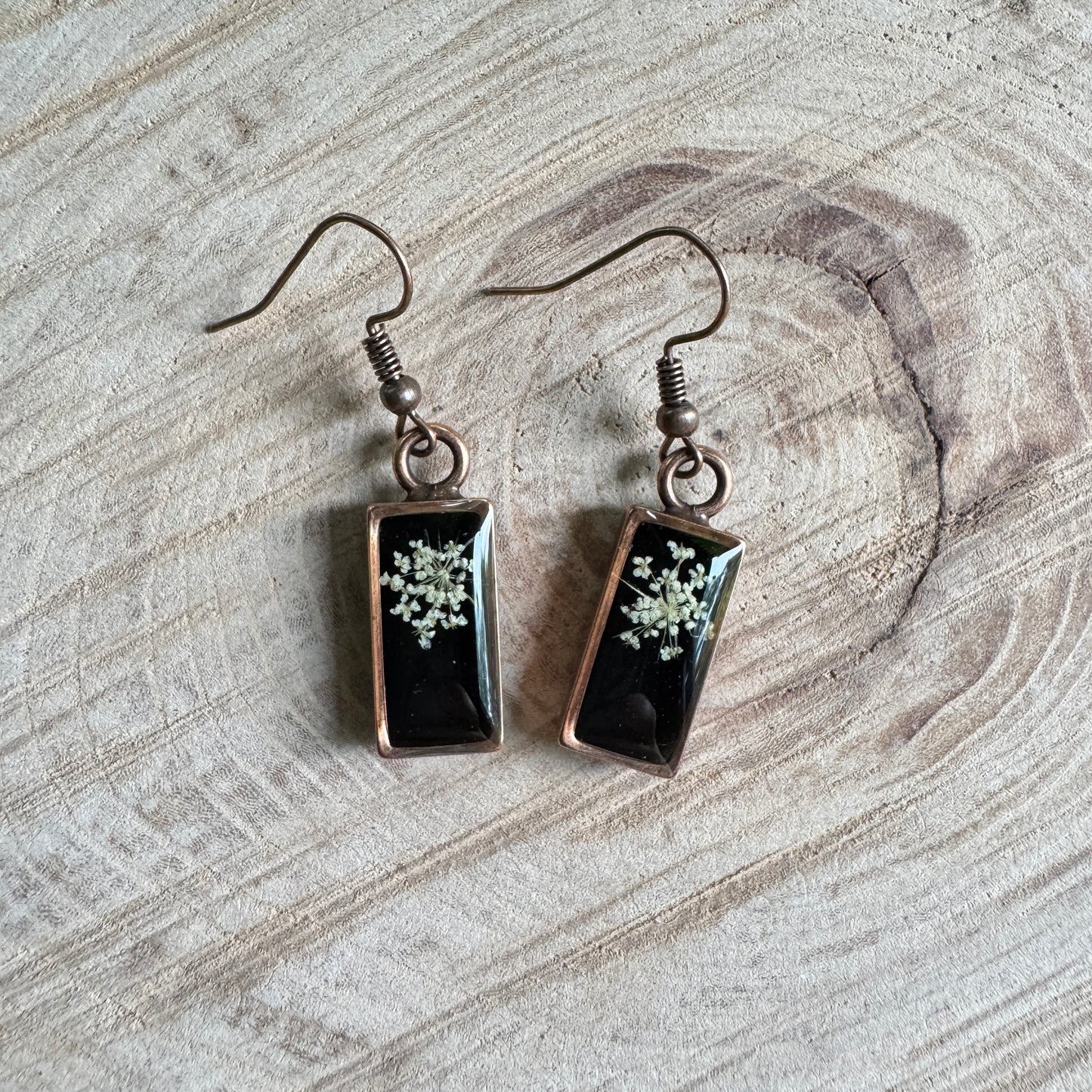 Queen Anne’s Lace flower earrings preserved in resin with copper bezel
