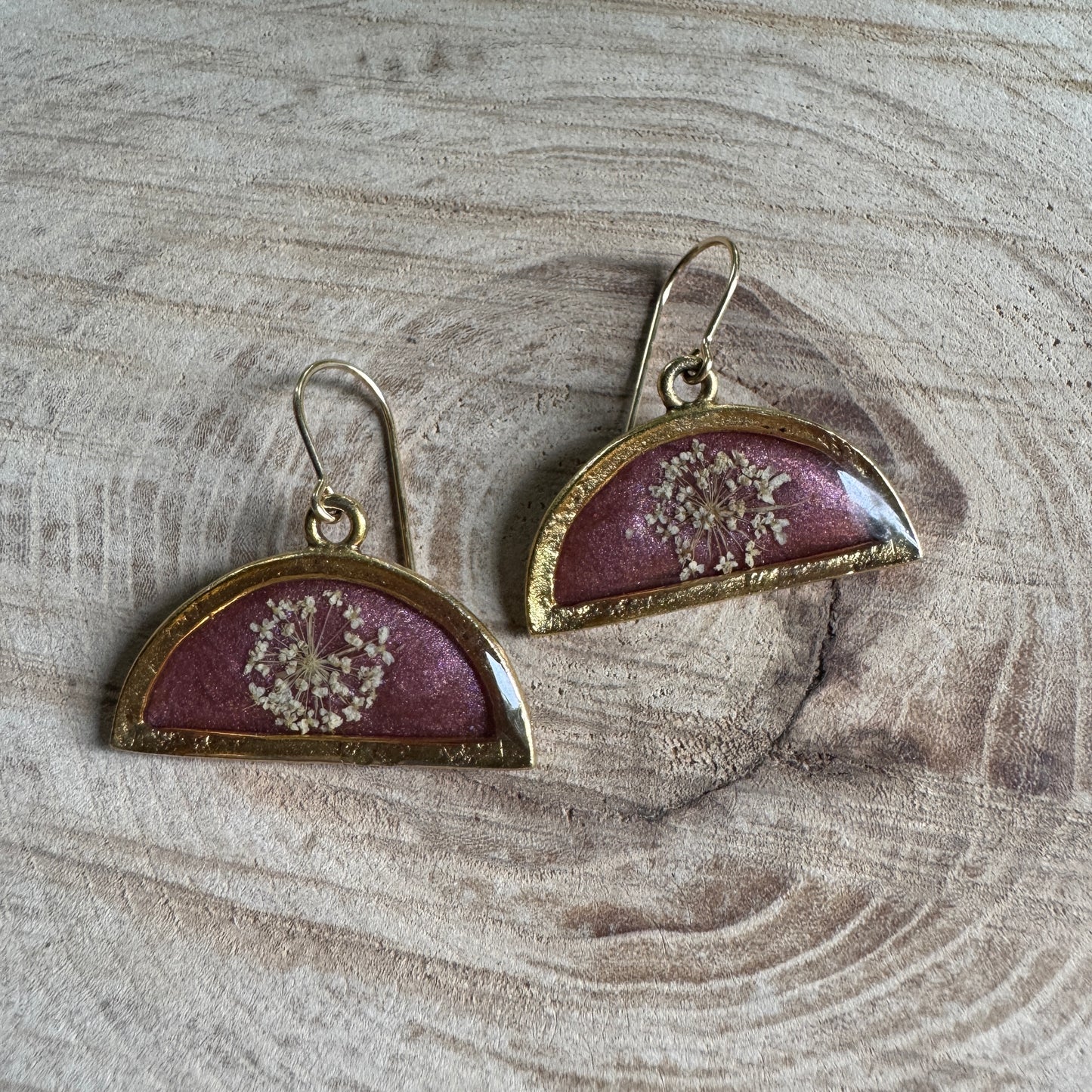 Queen Anne’s Lace flower earrings preserved in resin with gold filled bezel