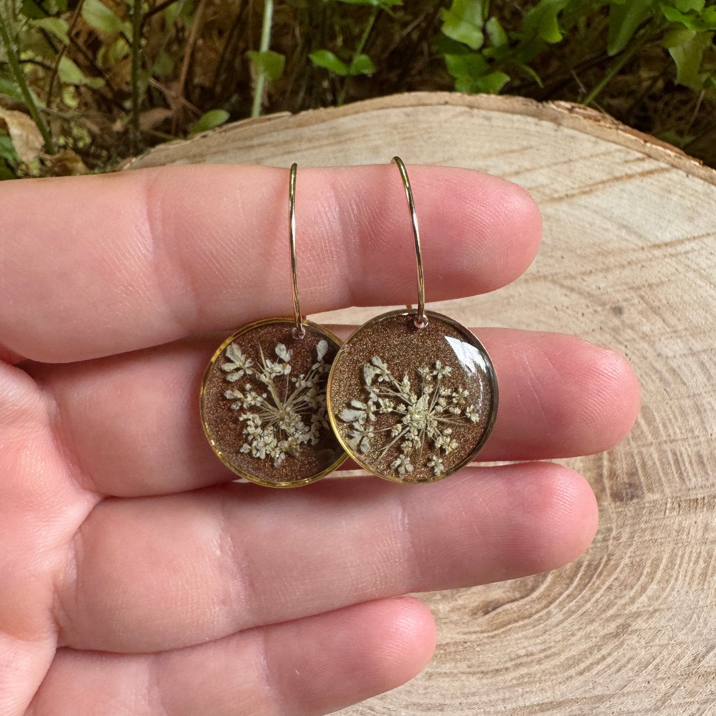 Queen Anne’s Lace flower earrings preserved in resin with gold filled bezel