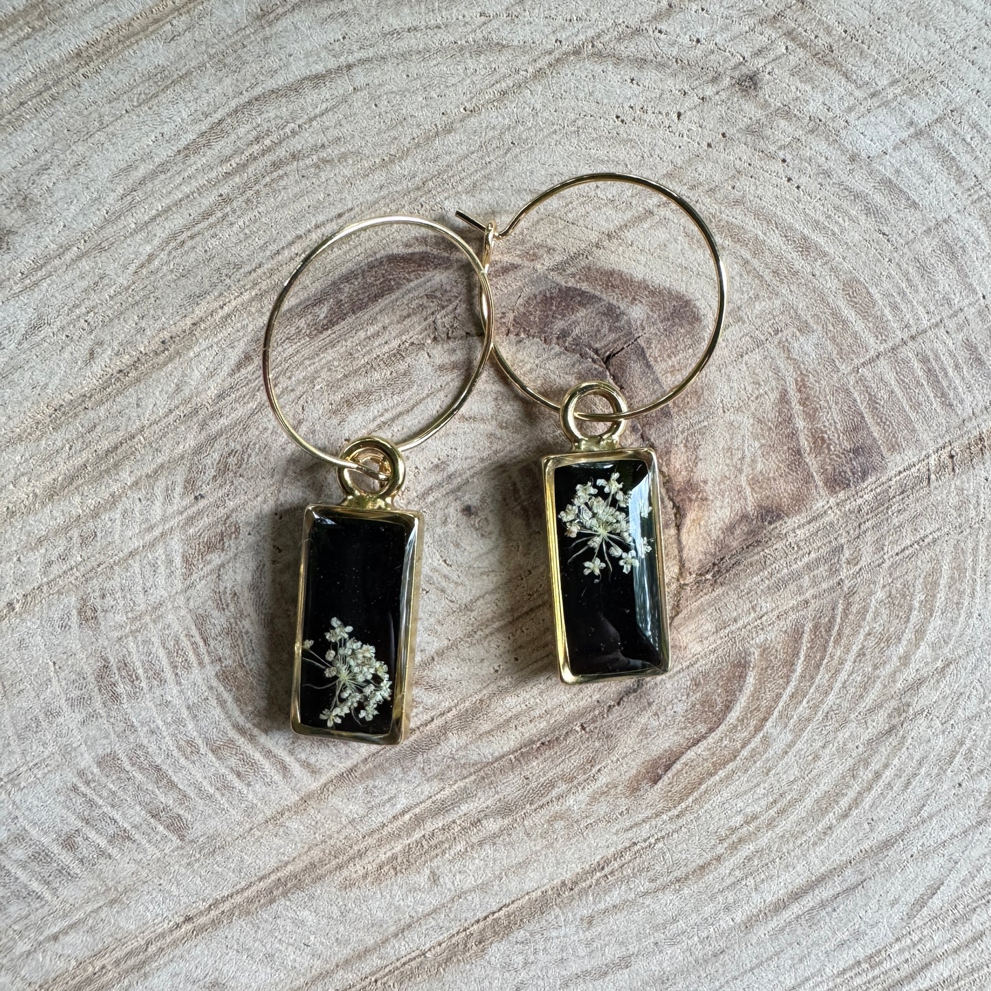 Queen Anne’s Lace flower earrings preserved in resin with gold filled bezel