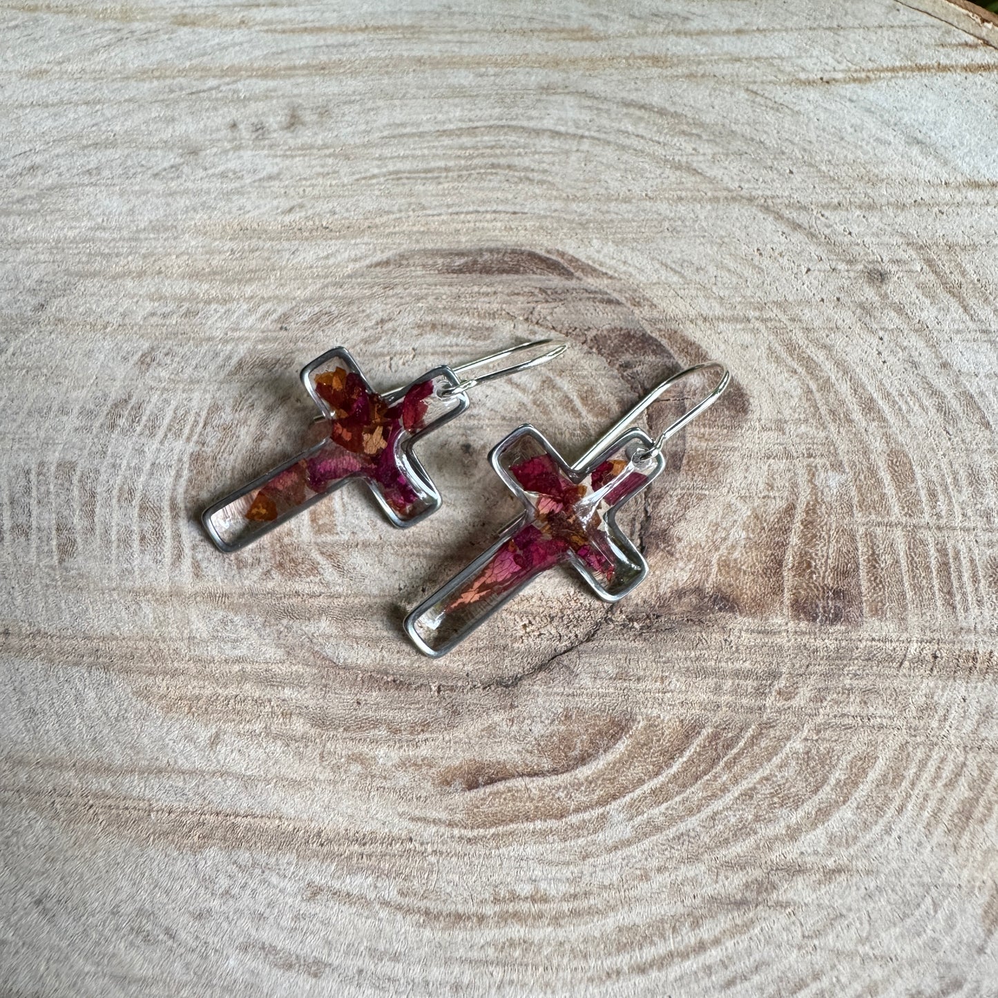 Silver cross earrings with real rose petals preserved in resin