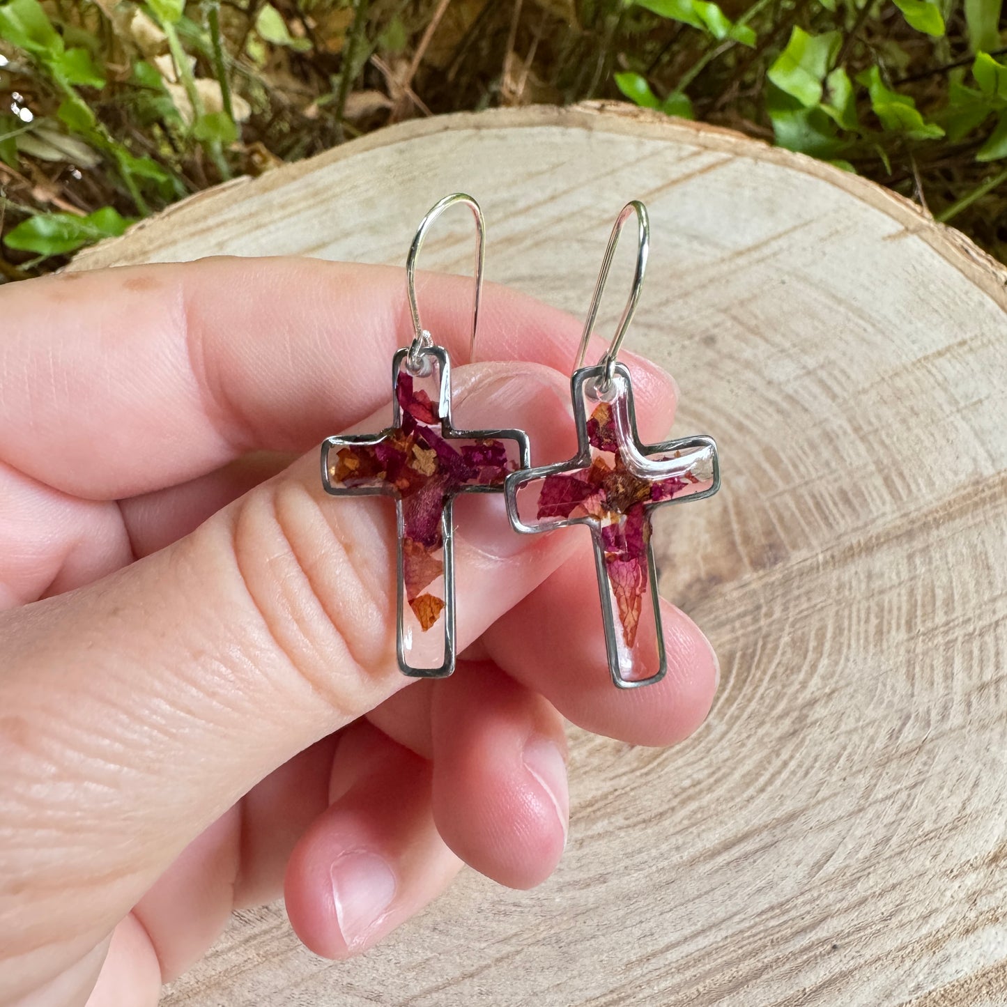 Silver cross earrings with real rose petals preserved in resin