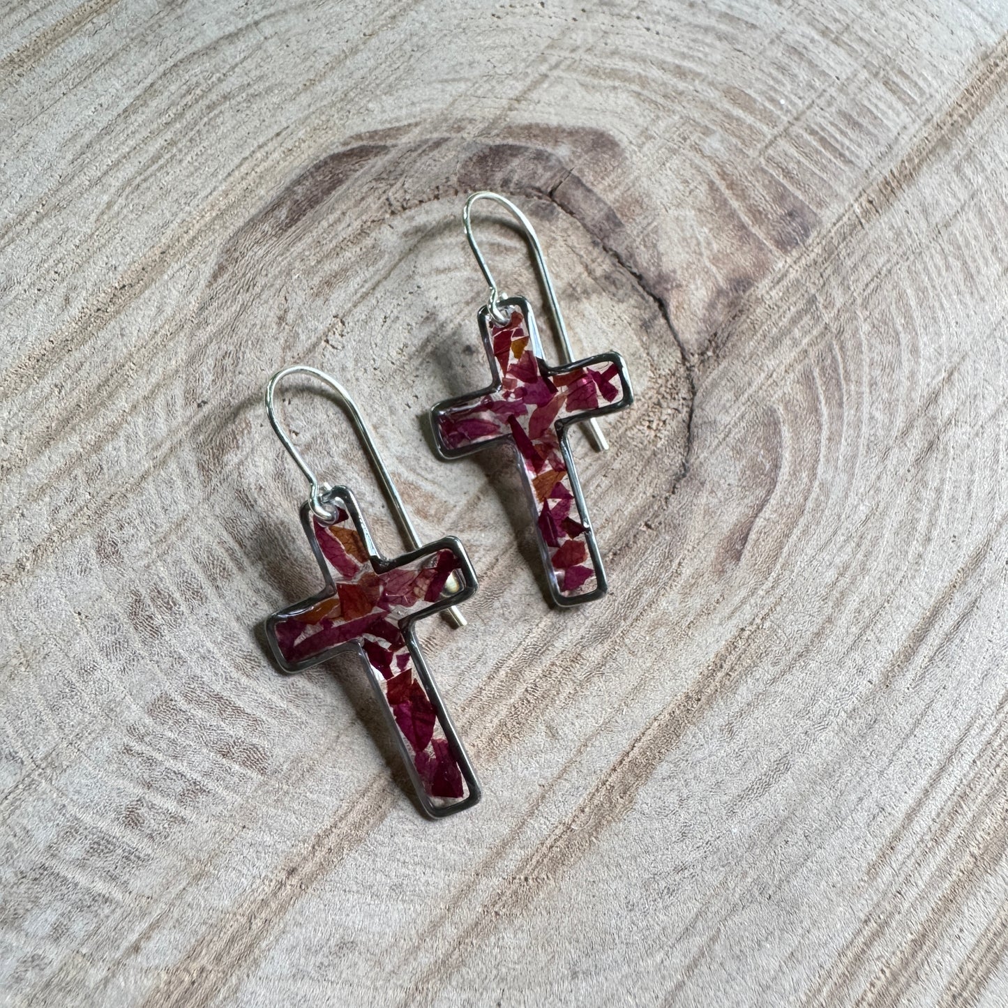 Silver cross earrings with real rose petals preserved in resin