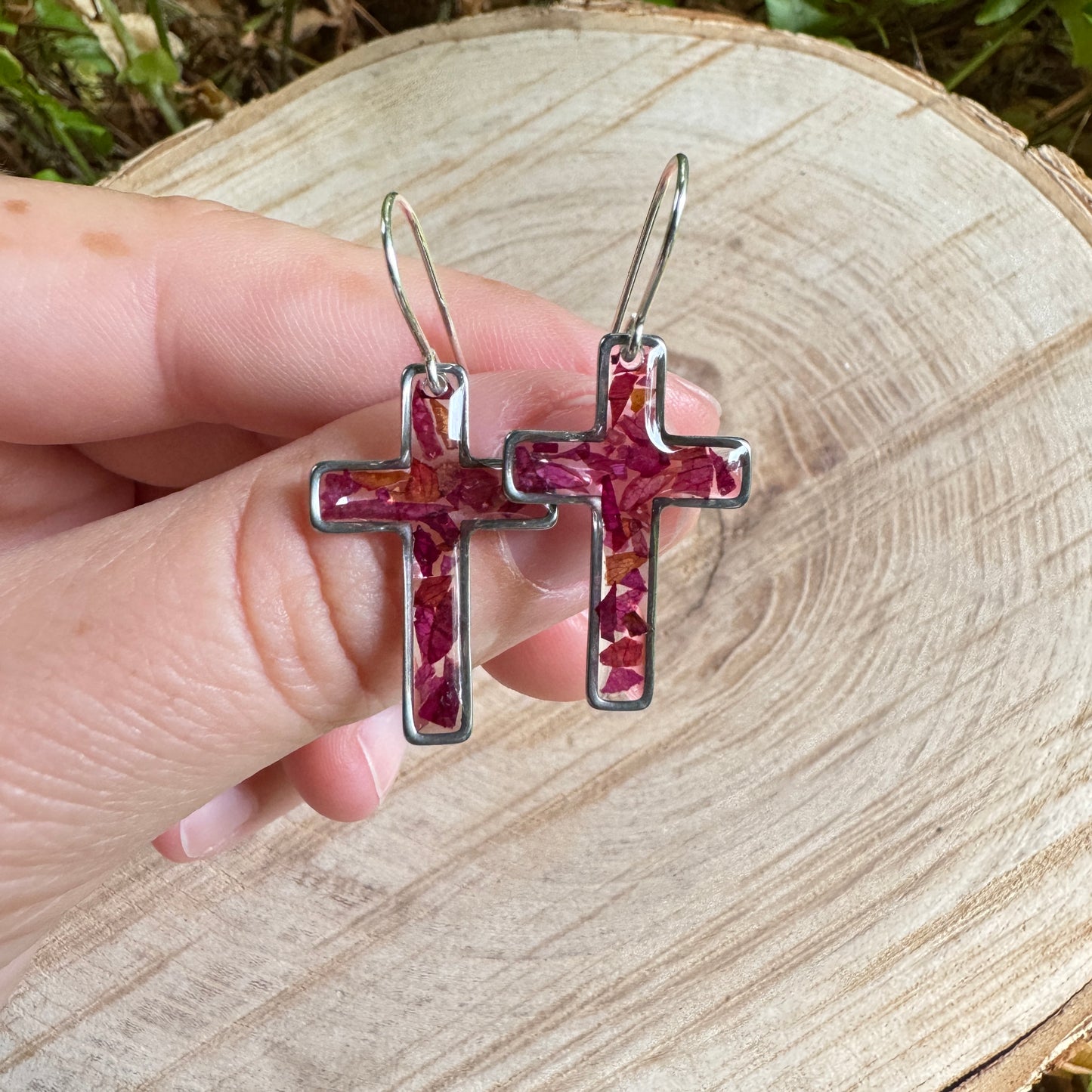 Silver cross earrings with real rose petals preserved in resin