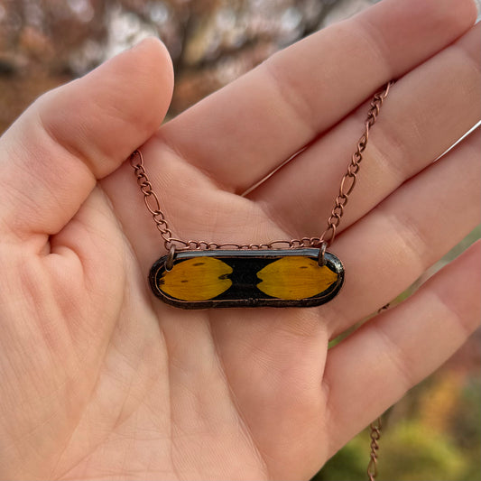 Necklace with real Black Eyed Susan flower preserved in resin and copper bezel