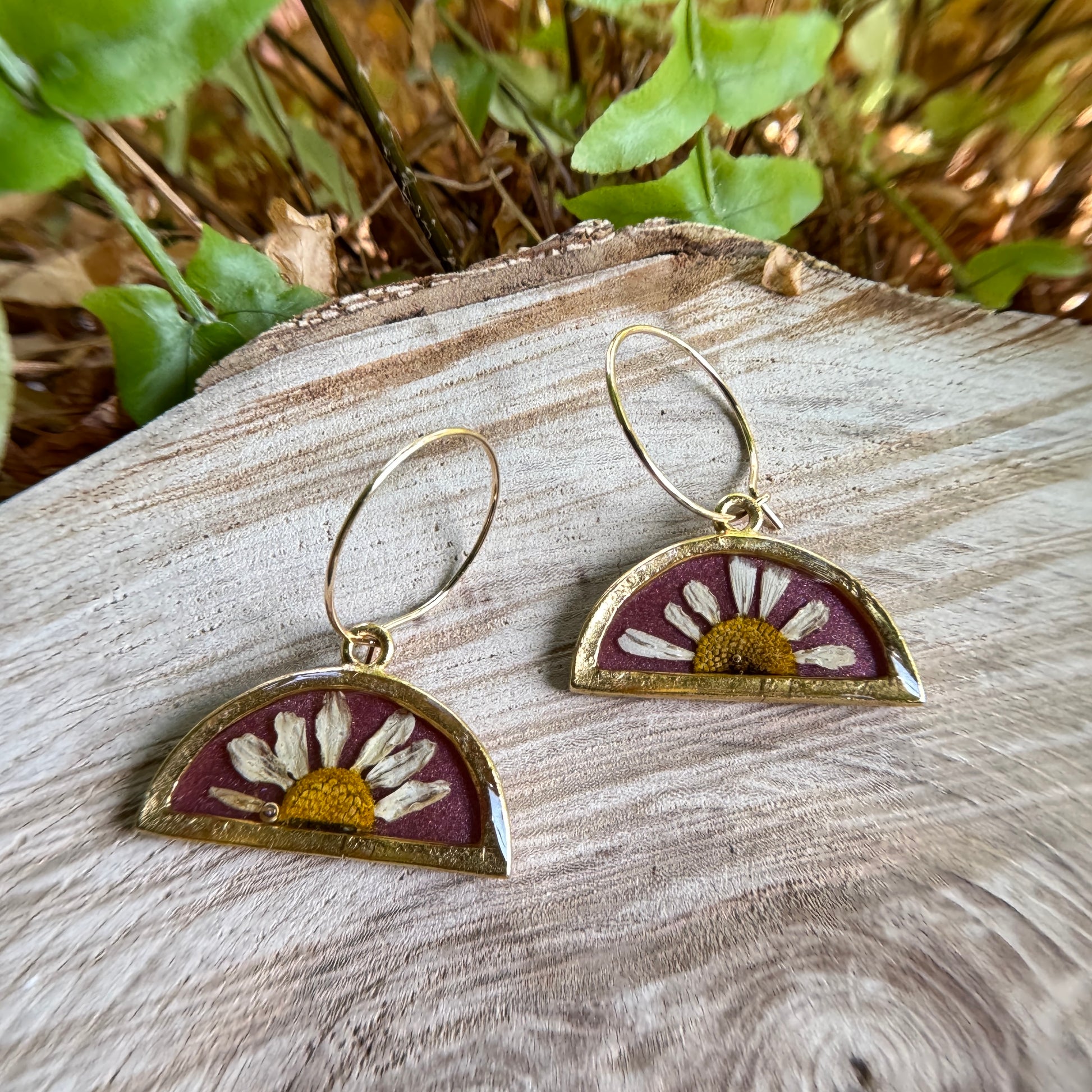 Handmade resin earrings with real daisy petals in gold filled bezel