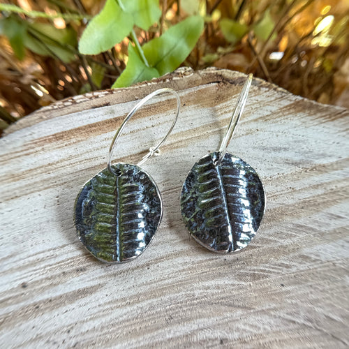 Fern fossil earrings with botanical texture in fine silver