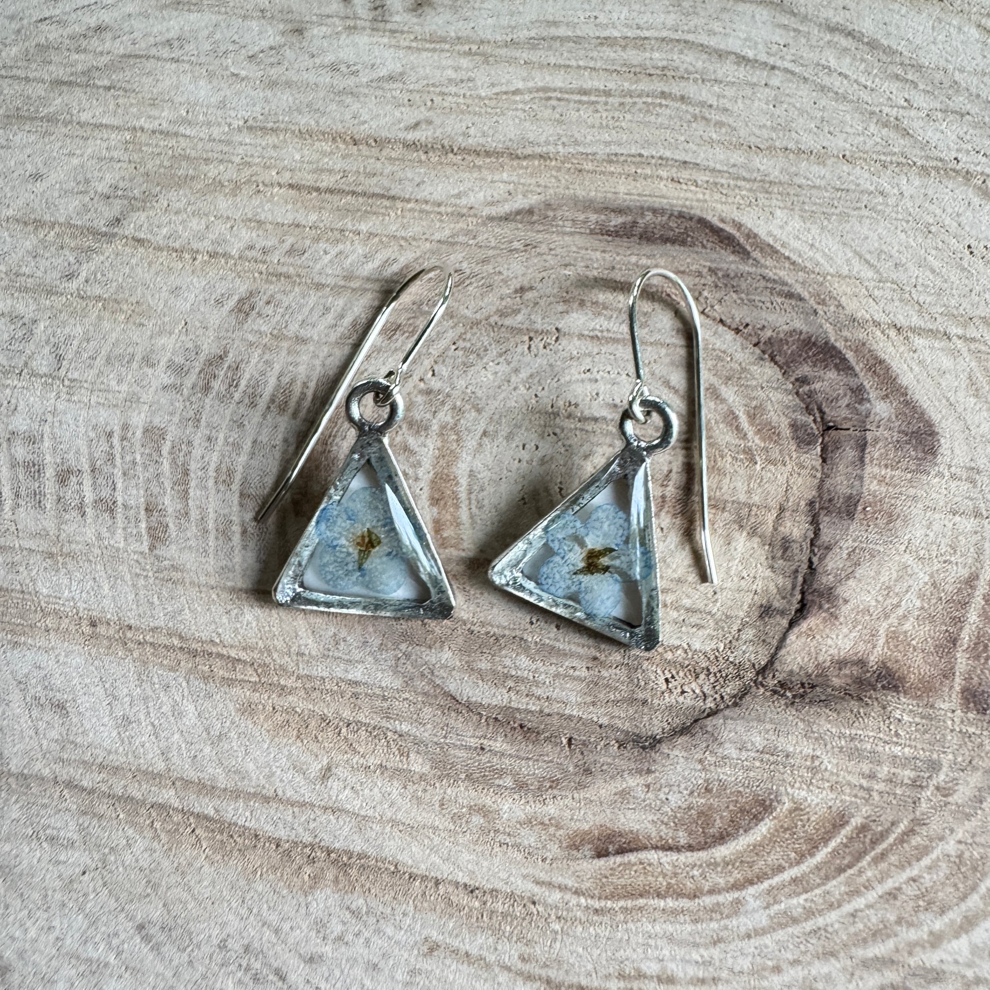 Earrings with real forget-me-not flowers preserved in resin and set in silver bezels