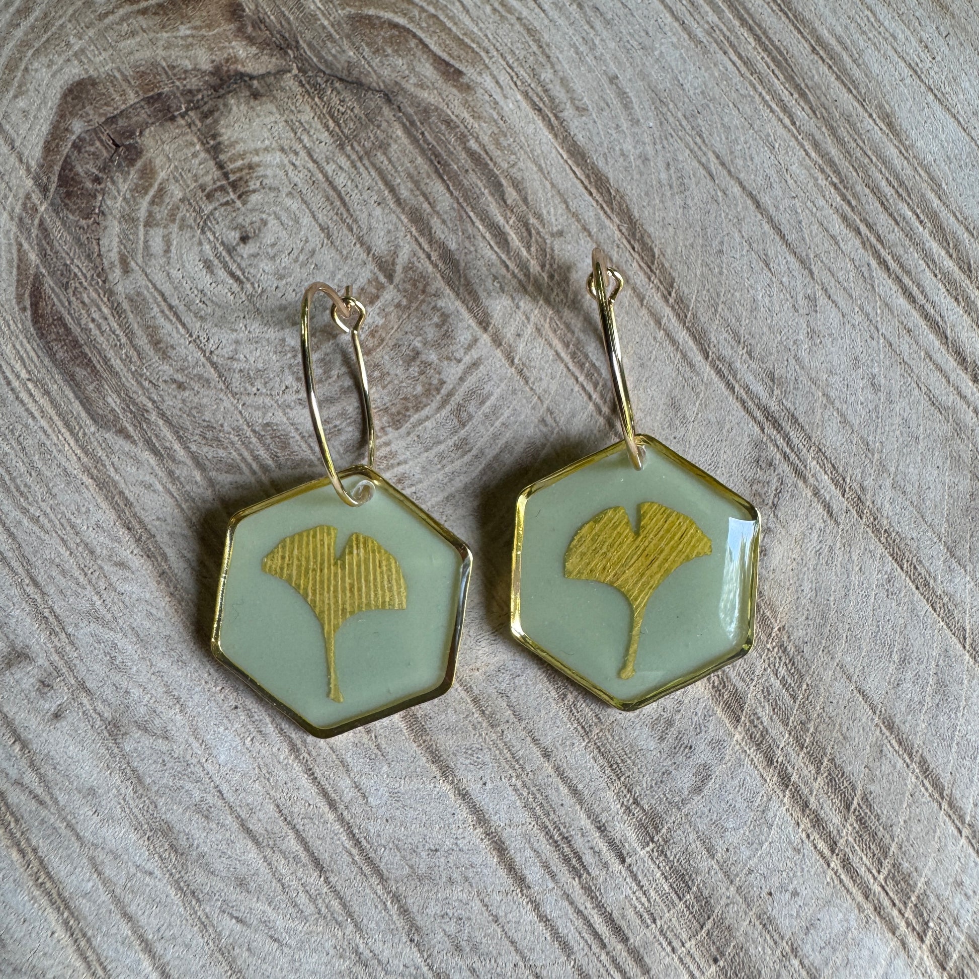 Real ginkgo leaf earrings preserved in resin with gold bezel setting