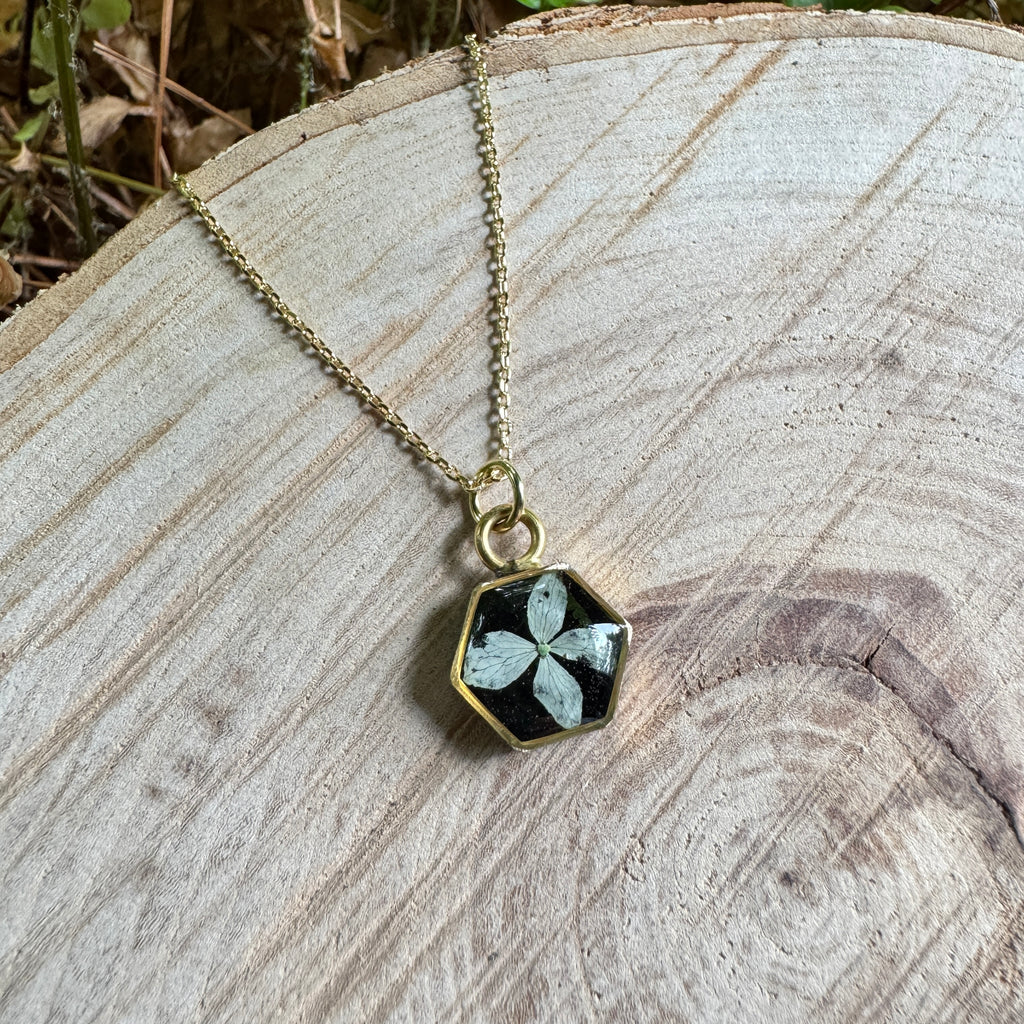 Hydrangea flower necklace preserved in resin with gold filled bezel