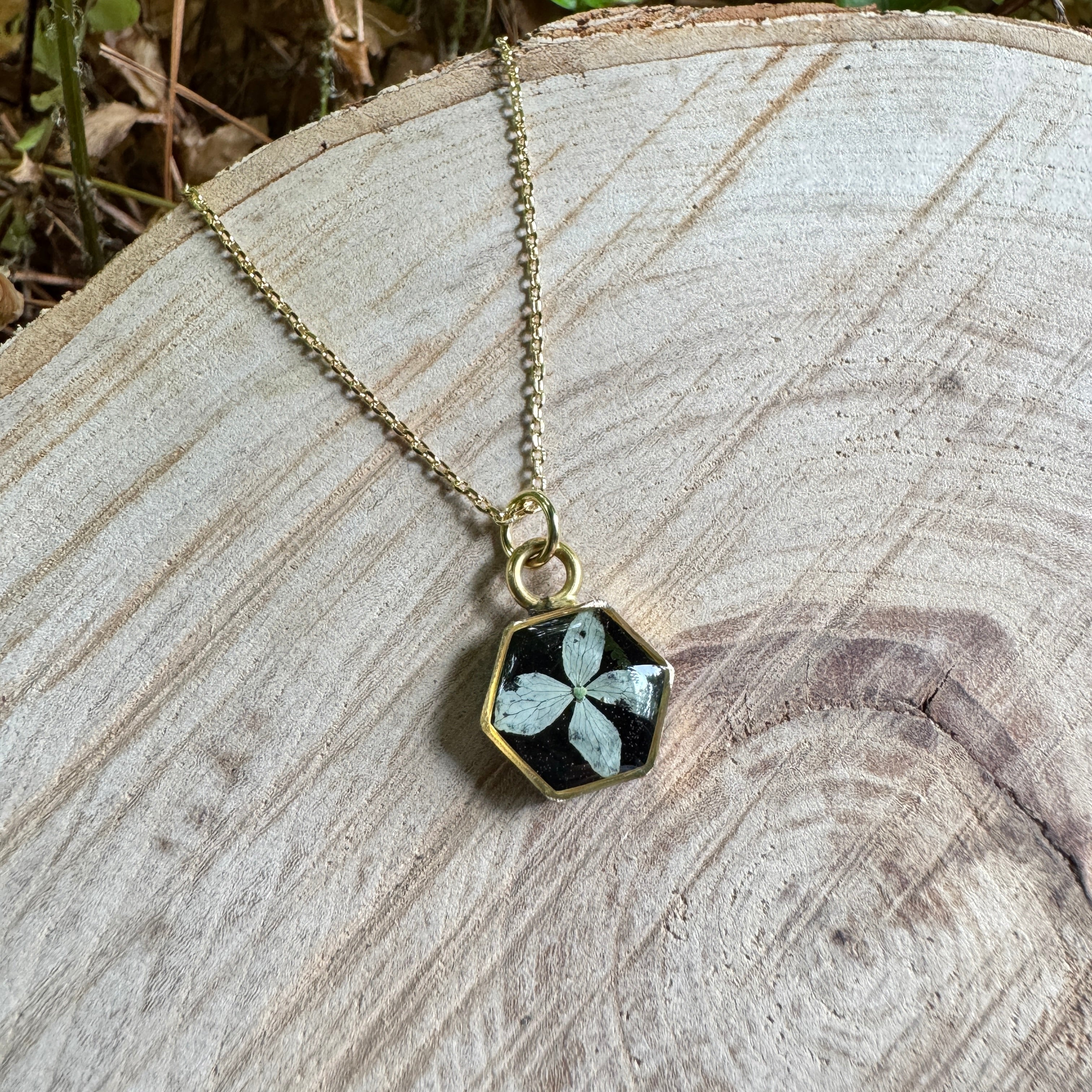 Hydrangea flower necklace preserved in resin with gold filled bezel
