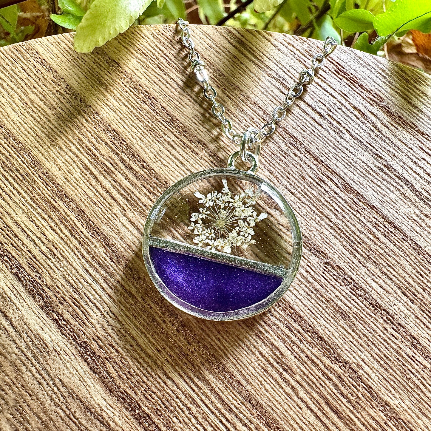 Divided Circle Queen Anne’s Lace Necklace | Real Pressed Flower Jewelry