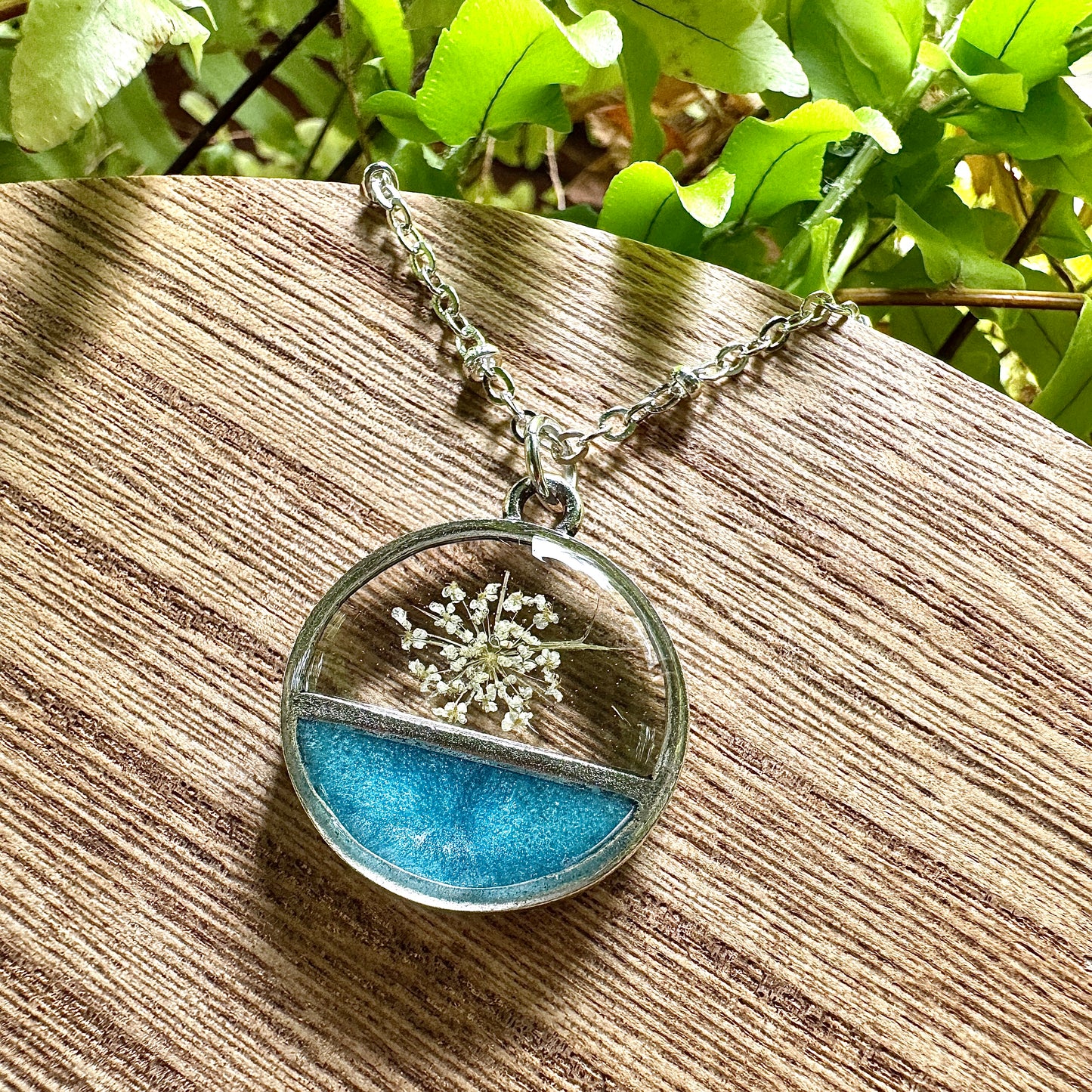 Divided Circle Queen Anne’s Lace Necklace | Real Pressed Flower Jewelry