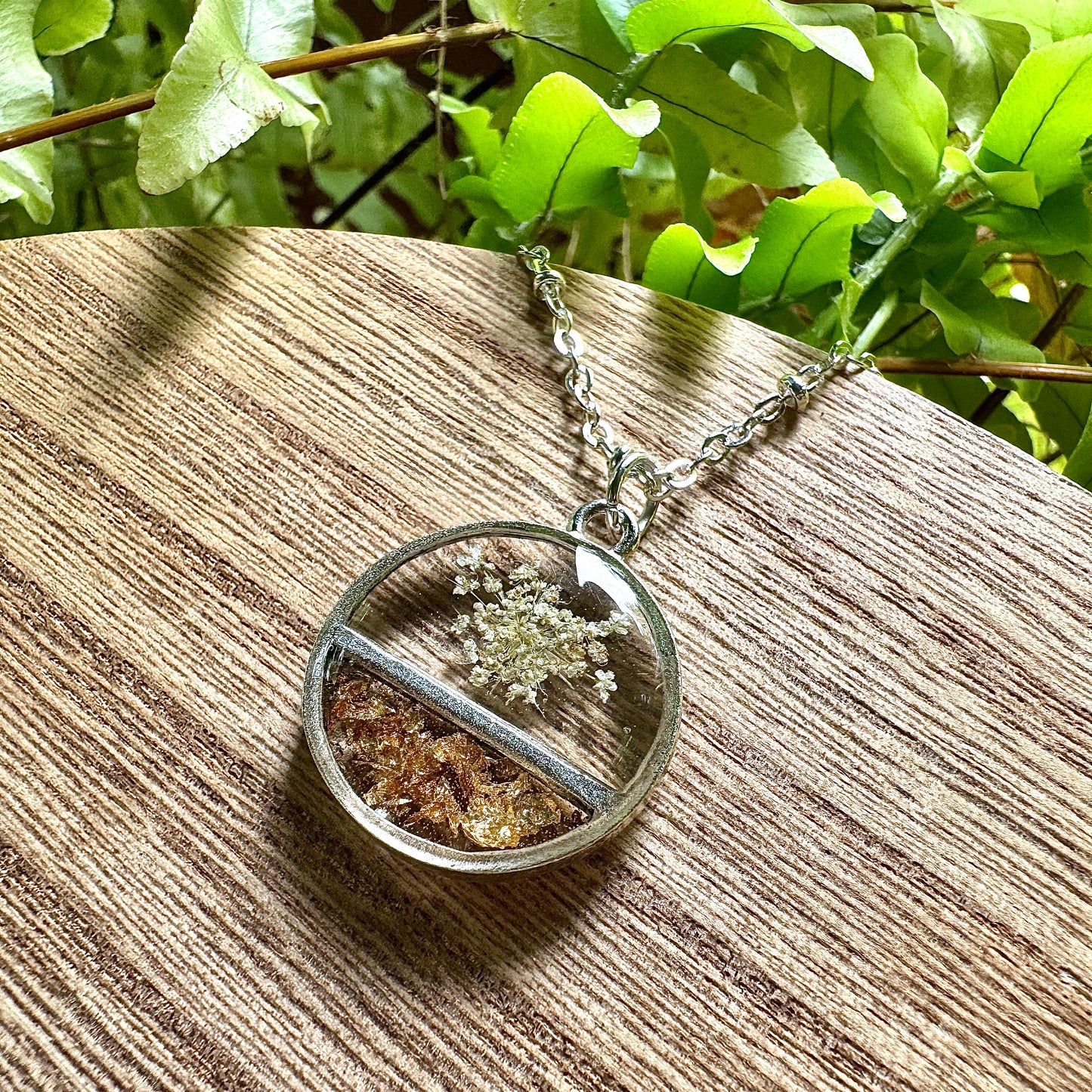 Divided Circle Queen Anne’s Lace Necklace | Real Pressed Flower Jewelry