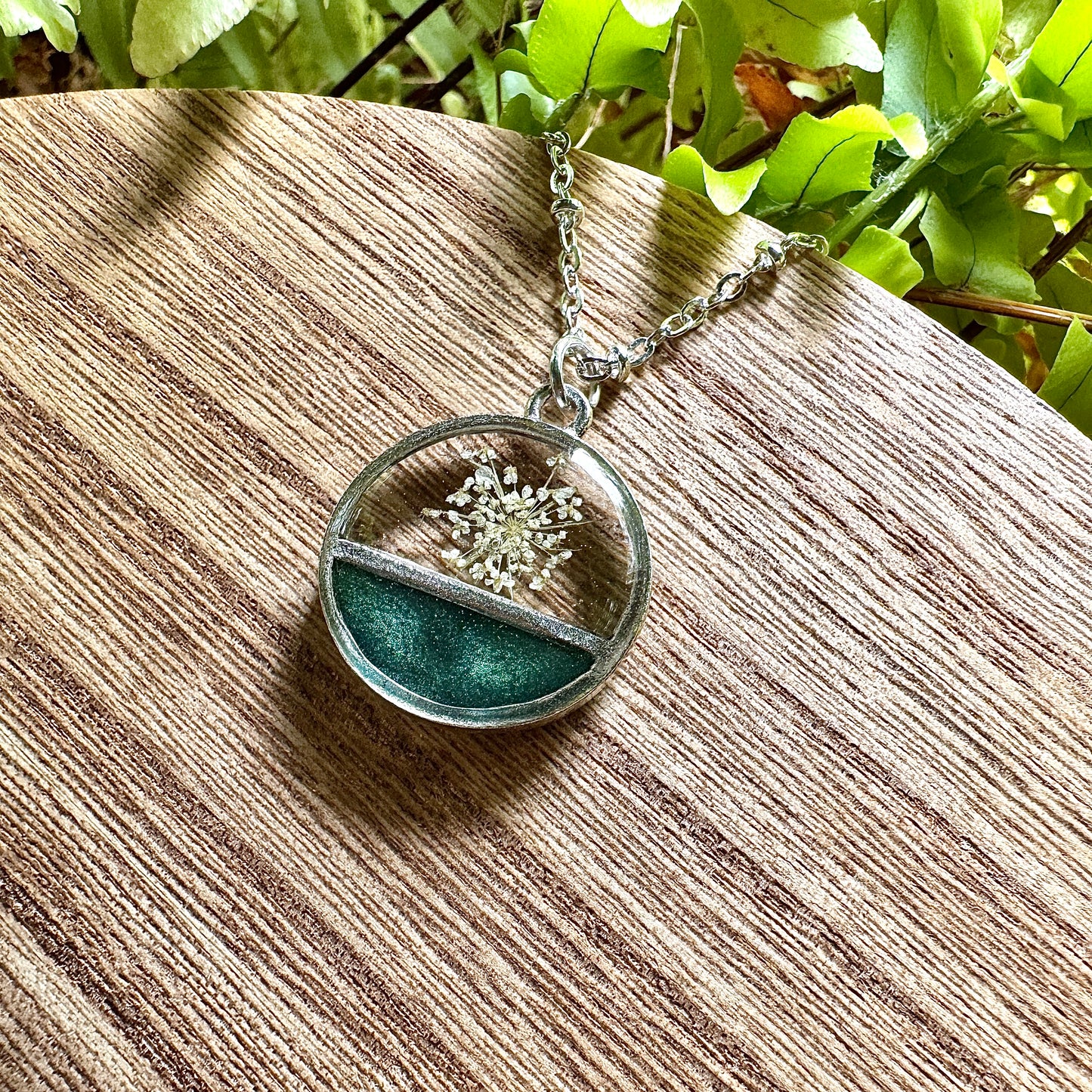 Divided Circle Queen Anne’s Lace Necklace | Real Pressed Flower Jewelry