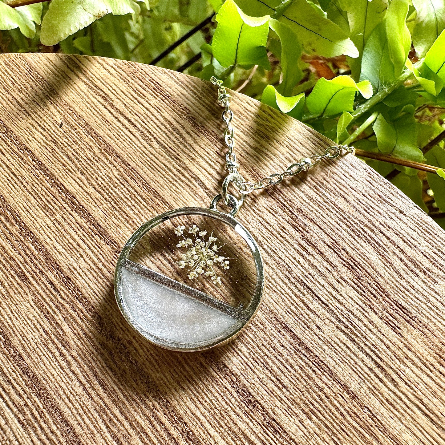 Divided Circle Queen Anne’s Lace Necklace | Real Pressed Flower Jewelry