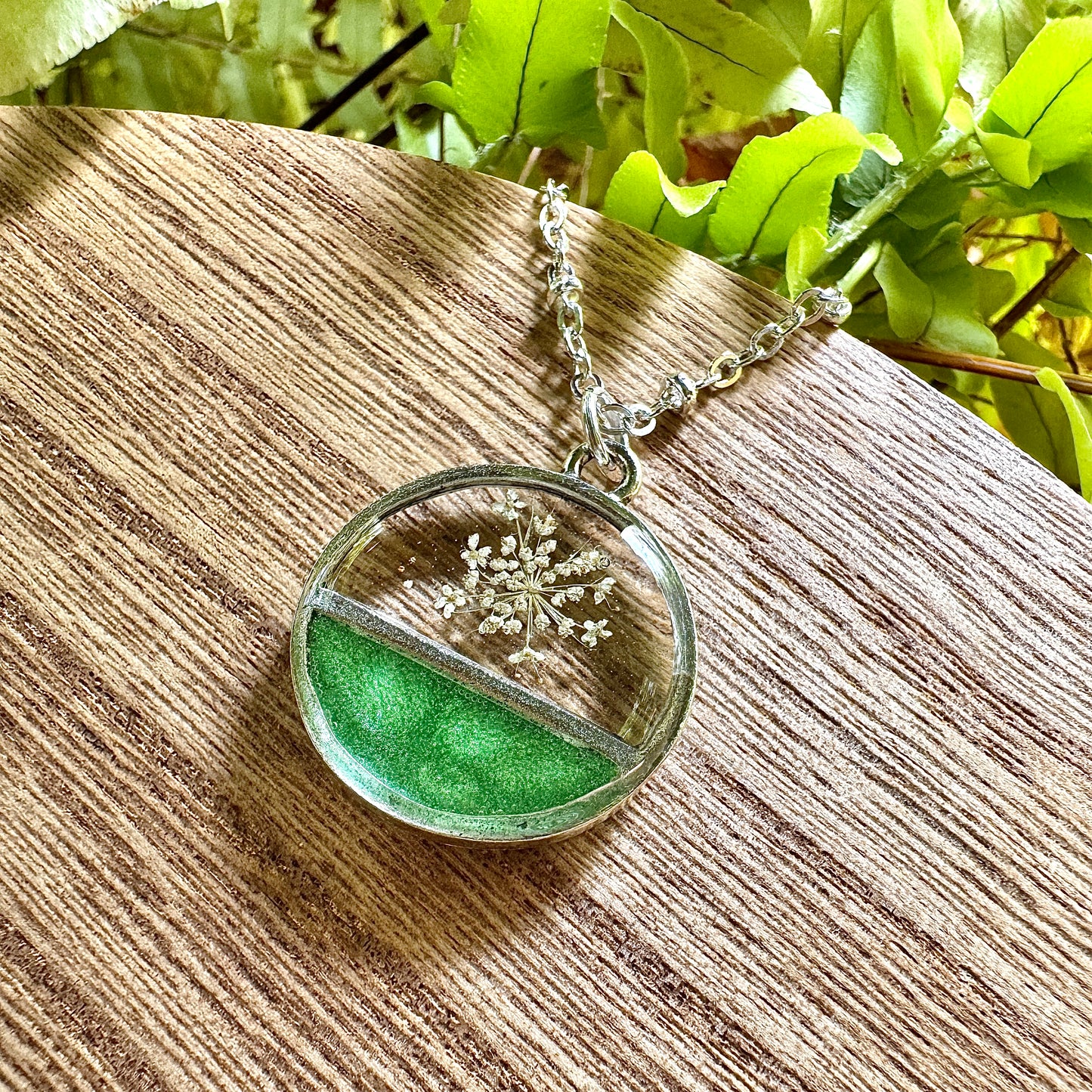 Divided Circle Queen Anne’s Lace Necklace | Real Pressed Flower Jewelry