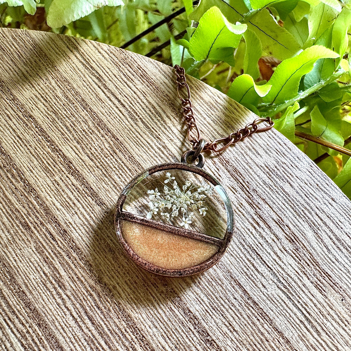 Divided Circle Queen Anne’s Lace Necklace | Real Pressed Flower Jewelry